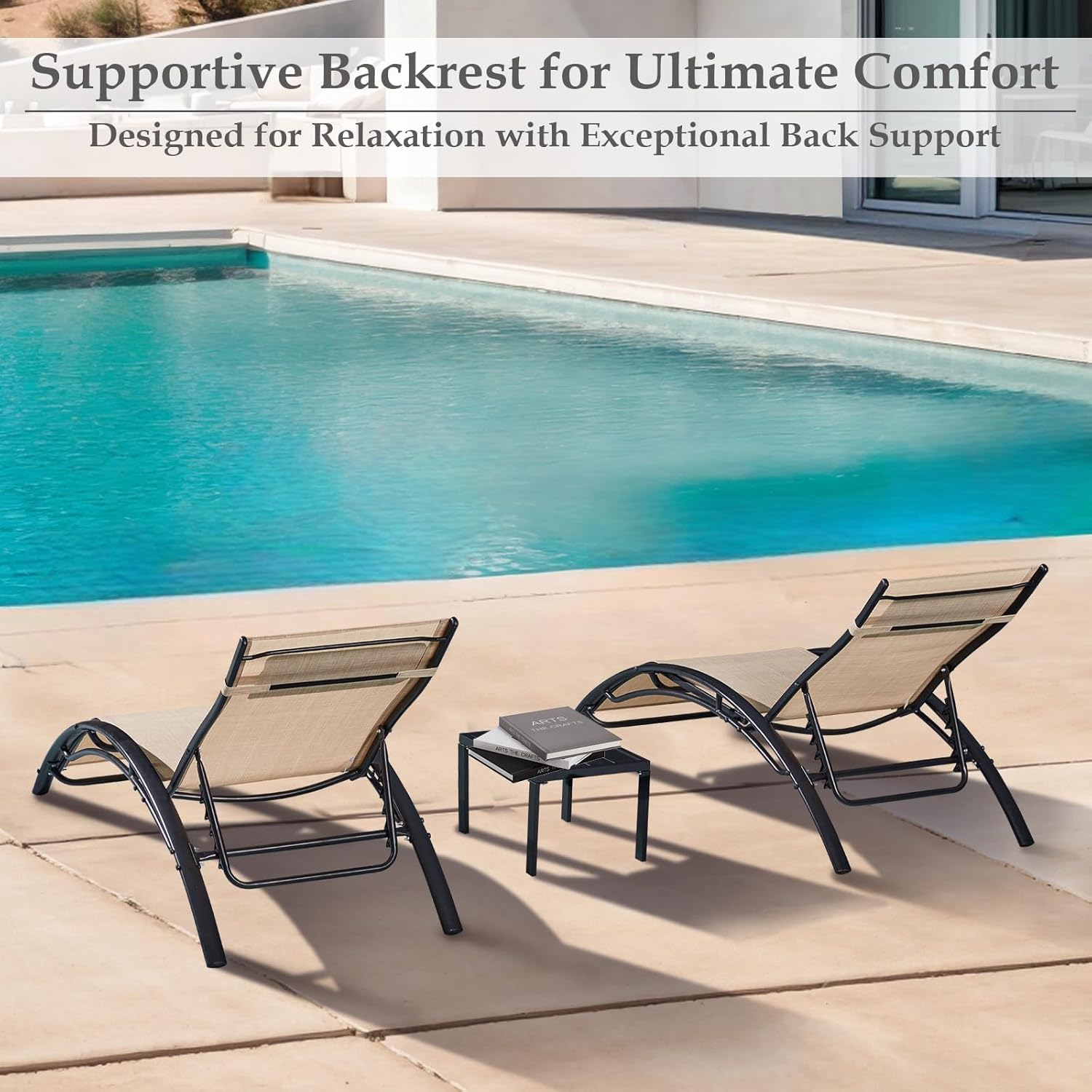 HOMREST 3-Piece Outdoor Chaise Lounge Set, Reclining Patio Chairs with Side Table, Khaki