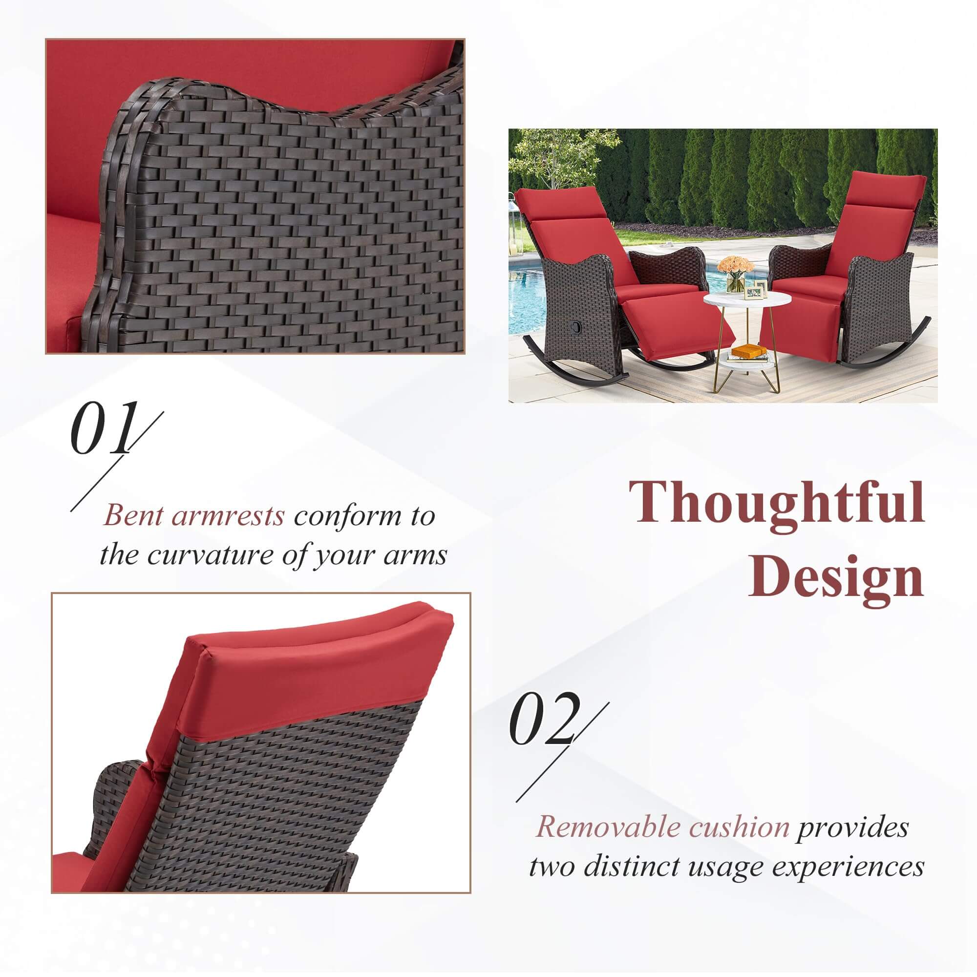 Homrest Outdoor Recliner Chair, Rattan Wicker Rocking Chair with Cushion, Red