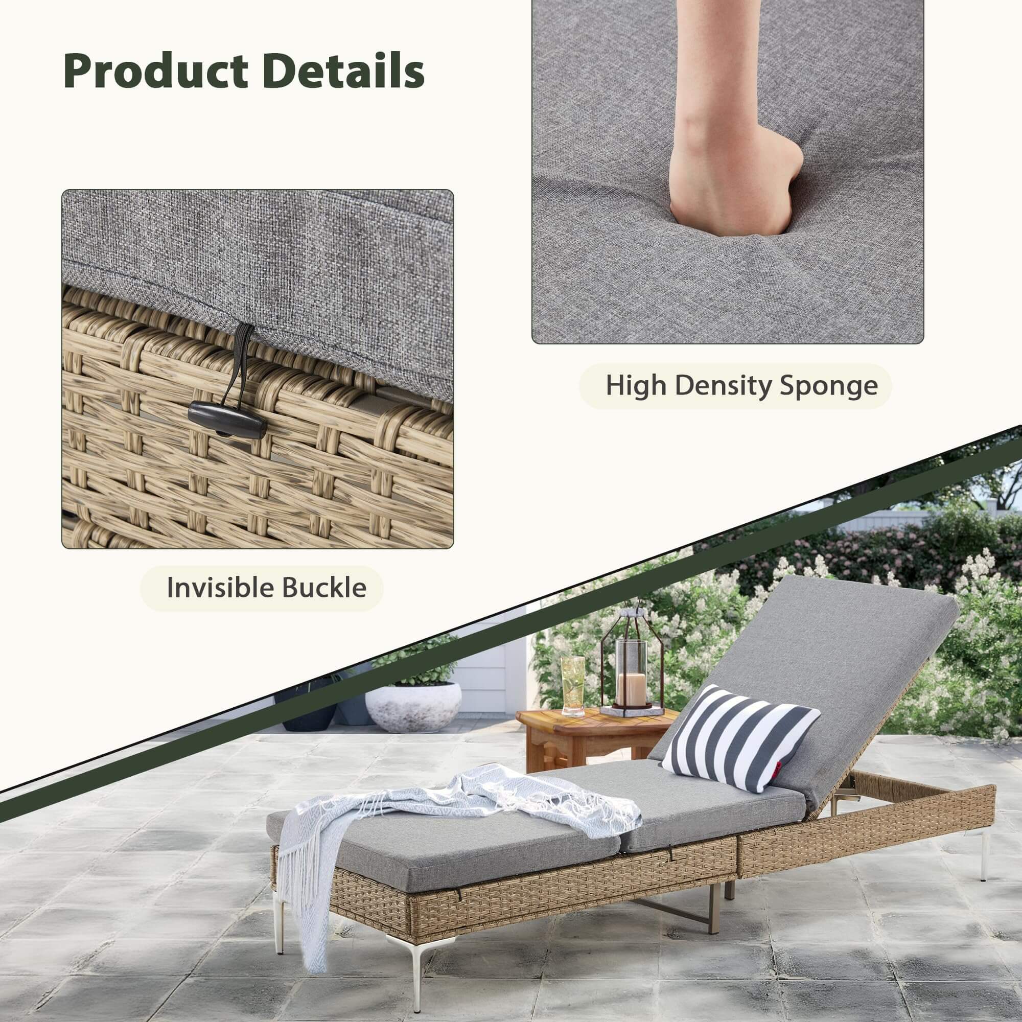 Homrest Patio Rattan Chaise Lounge Chair, Outdoor Wicker Recliner Thickened Cushion Stepless Adjustable with Gas Cylinder, Gray