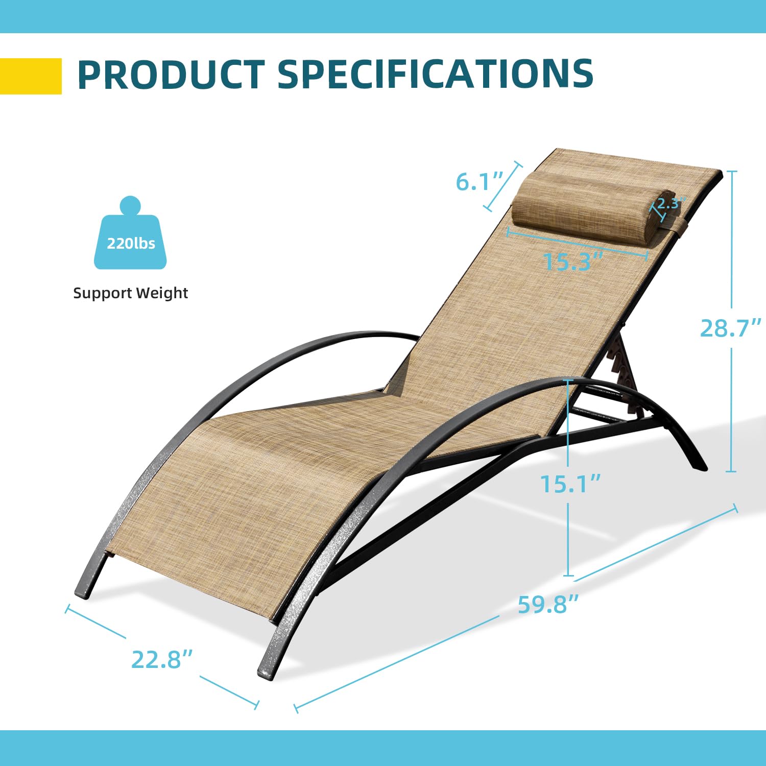 HOMREST Set of 2 Textilene Outdoor Lounge Chairs with Adjustable Backrest, Brown
