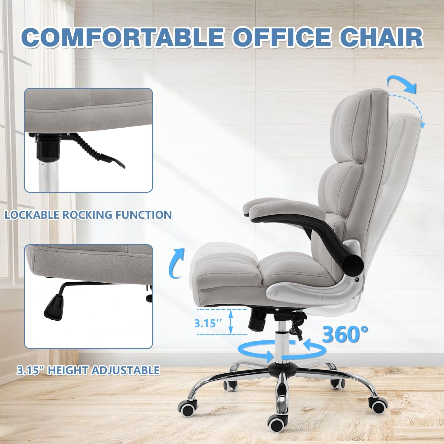 Homrest Ergonomic Flannel Desk Chair with Flip-Up Arms - Grey