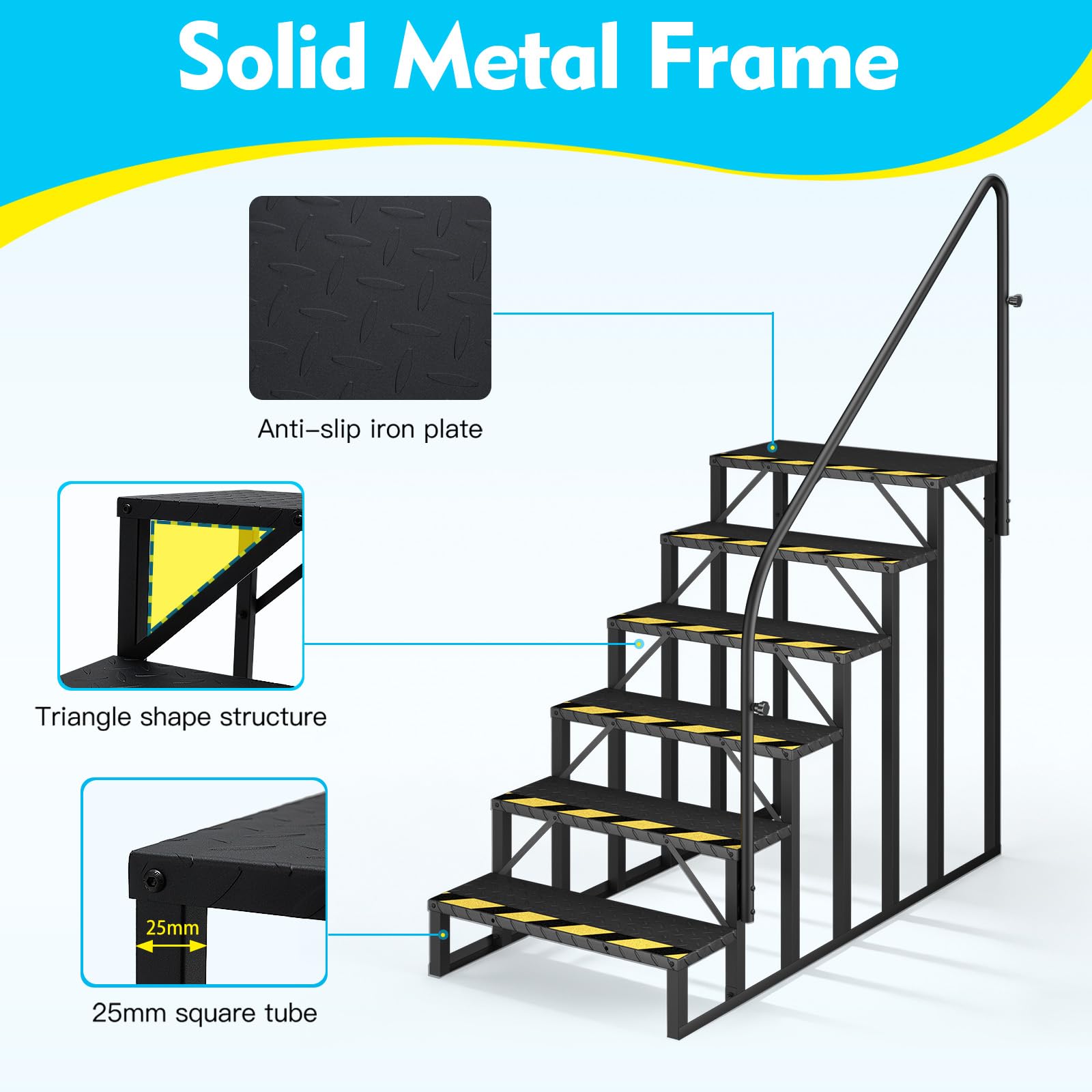 HOMREST 6-Step RV Steps with Handrail, 660LBS Capacity, Metal Mobile Home Stairs with Armrest, Anti-Slip Hot Tub & Camper Steps, Non-Skid Treads