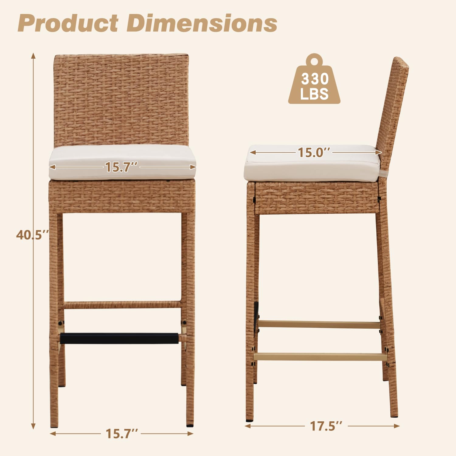 HOMREST Rattan Bar Stools Set of 4, Wicker Woven Patio Stools & Patio Bar Chairs with Seat Cushion and Cozy Footrest, Outdoor Furniture Armless Counter Height, Yellow