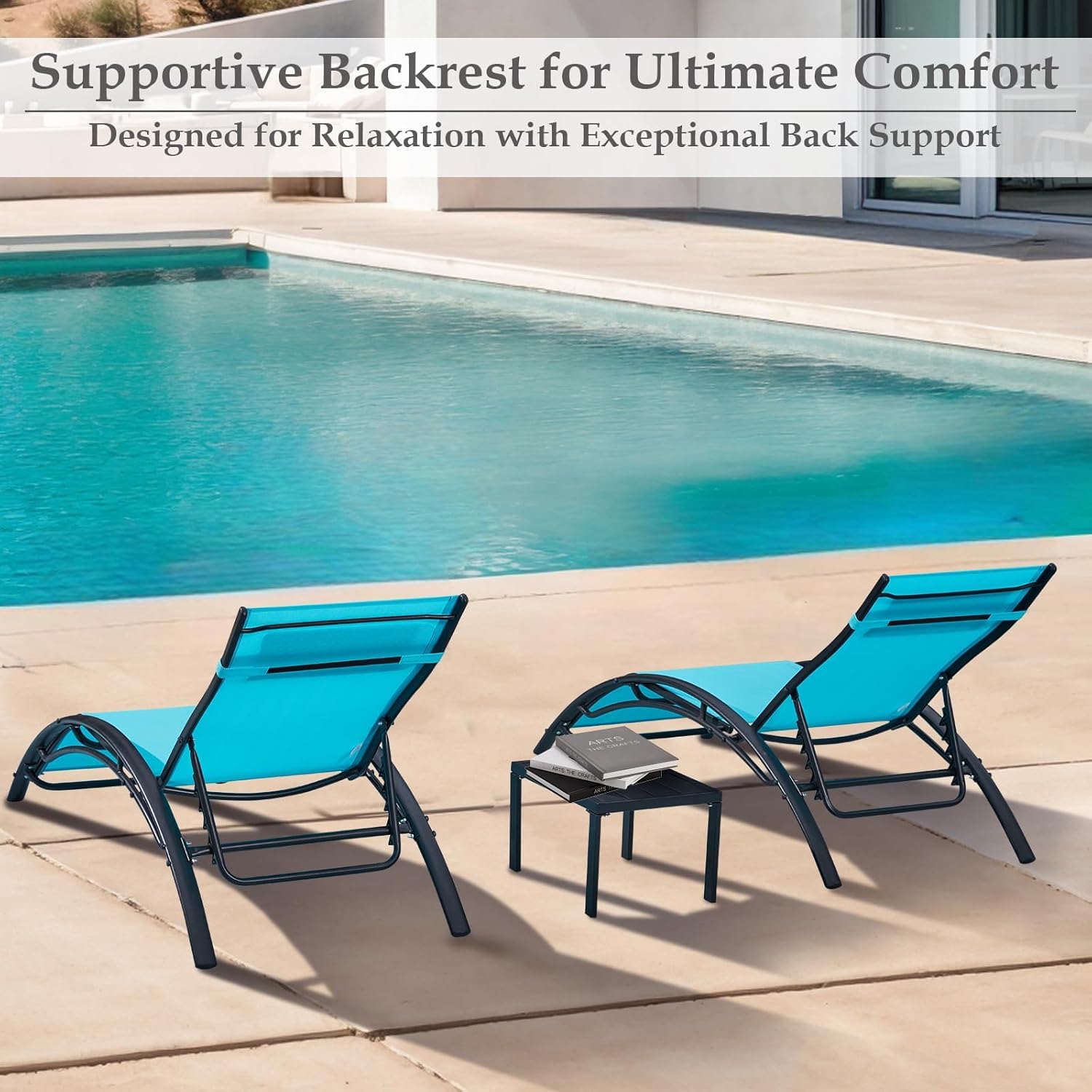 HOMREST 3-Piece Outdoor Chaise Lounge Set, Reclining Patio Chairs with Side Table, Blue