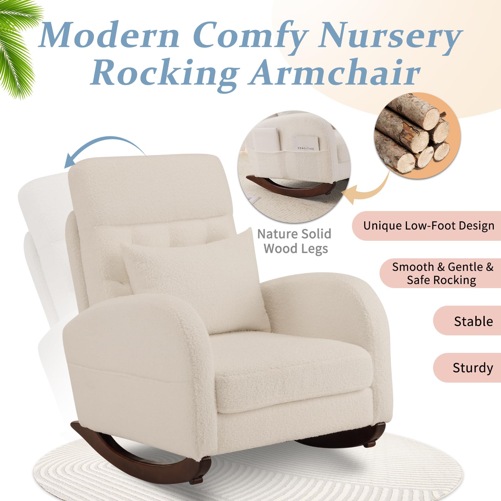 Homrest Teddy Fleece Low Seat Rocking Chair with Blanket & Lumber Pillow, Nursery Glider Chair with Side Pockets