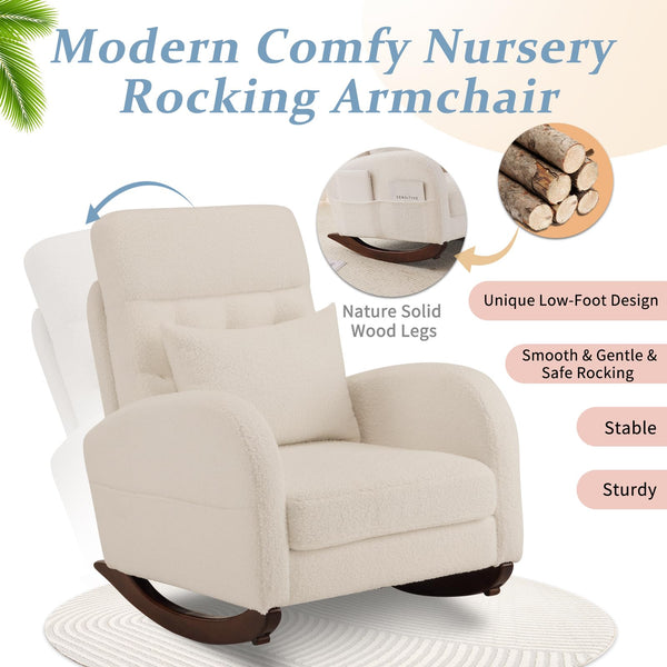 Teddy Fleece Low Seat Rocking Chair with Blanket & Lumber Pillow, Nursery Glider Chair with Side Pockets