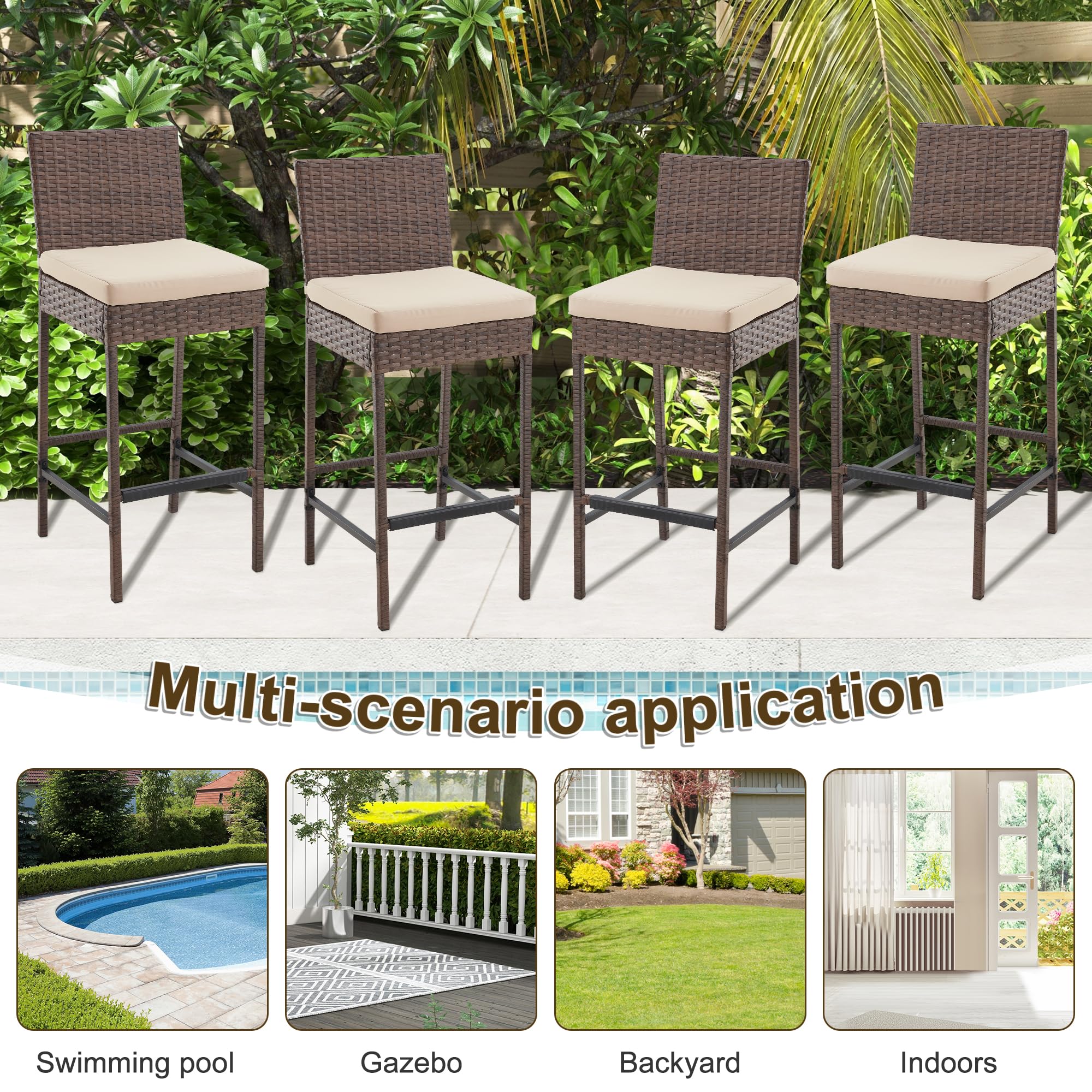 HOMREST Rattan Bar Stools Set of 4, Wicker Woven Patio Stools & Patio Bar Chairs with Seat Cushion and Cozy Footrest, Outdoor Furniture Armless Counter Height, Brown