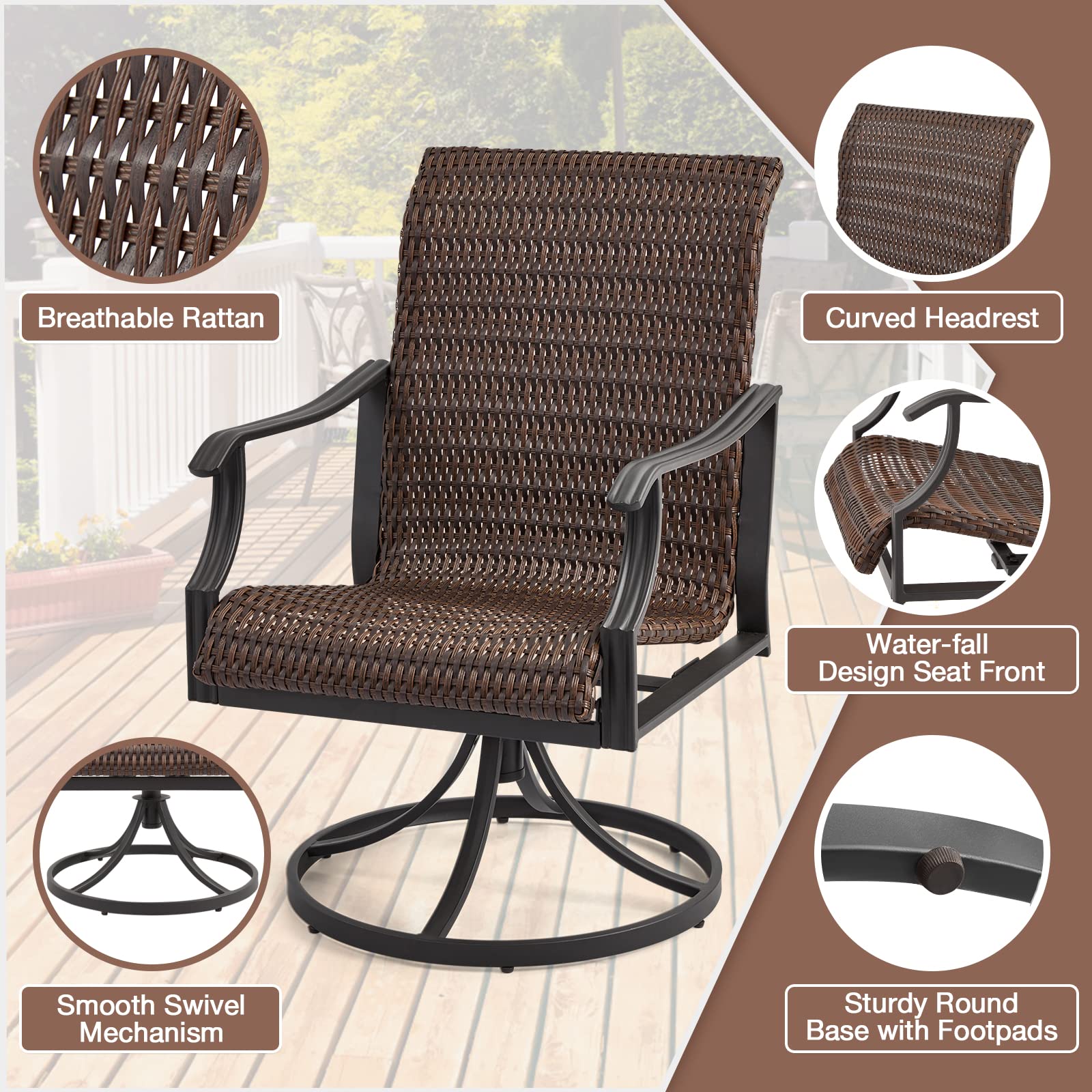 homrest Patio Wicker Swivel Chair Set of 2, Heavy Duty Outdoor Dining Chair with 23.5'' High Back, Extra-Large Water-Fall Seat, Gentle Rocker-homrest