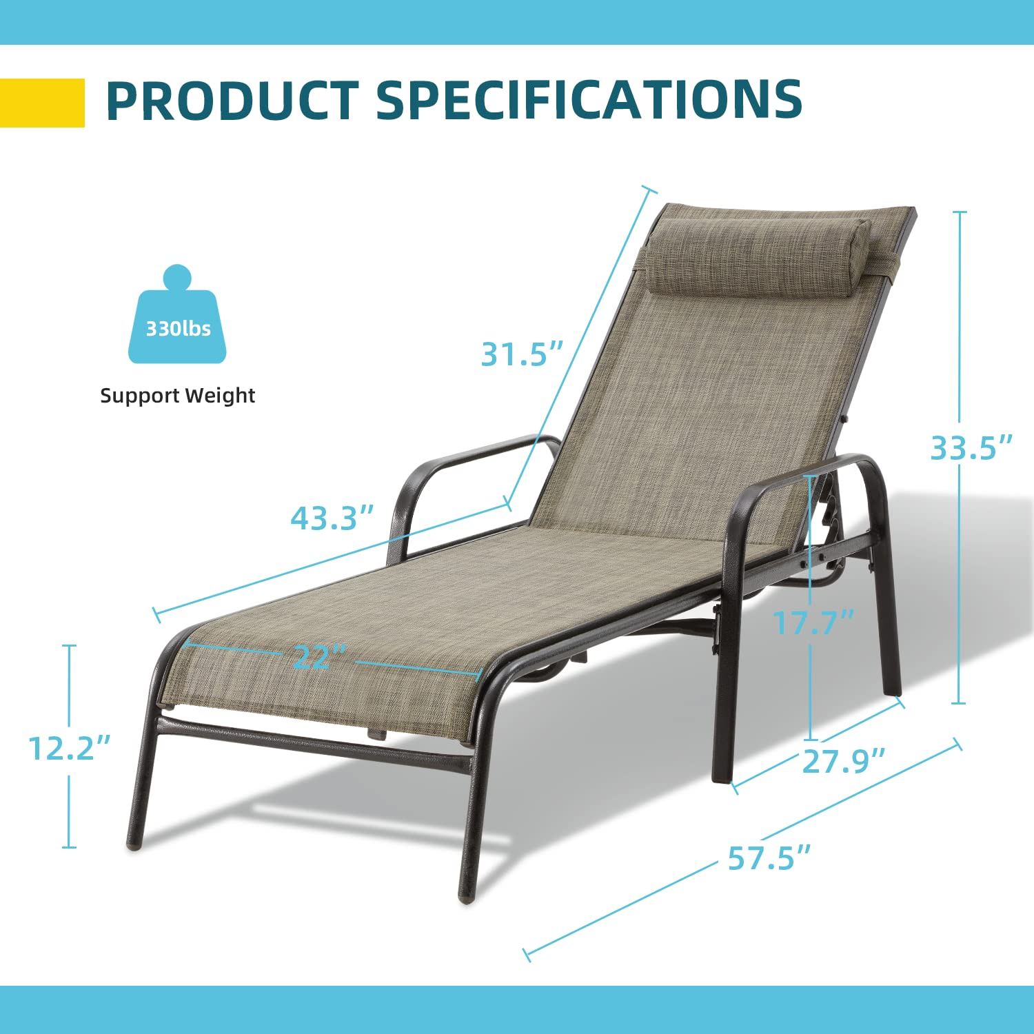 HOMREST Set of 2 Chaise Lounges Patio, Outdoor Lounge Chairs with Adjustable Backrest, All-Weather Textilene
