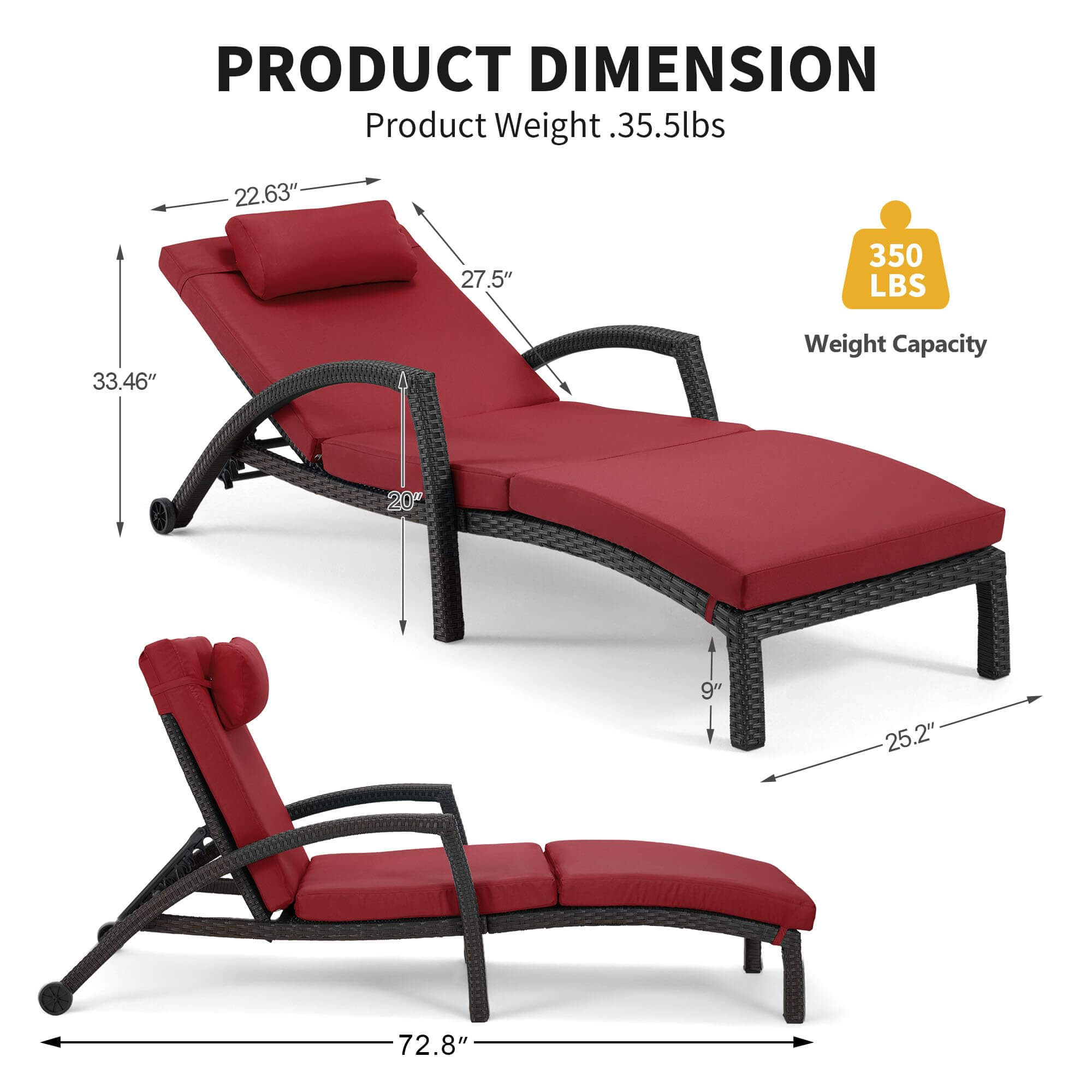 Homrest Chaise Lounge Chairs Set of 2 for Outside,  PE Rattan Wicker Lounge Chair, Wine Red
