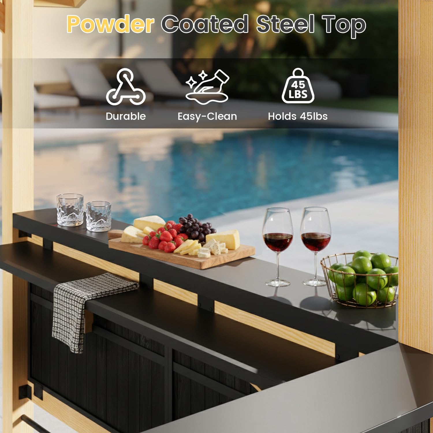HOMREST 9.5' x 6.4' Outdoor Wooden Gazebo Bar Set with Galvanized Steel Roof, 3 Bar Tops, Power Strip & TV Hook, Weather-Resistant for Patio, Garden, Backyard