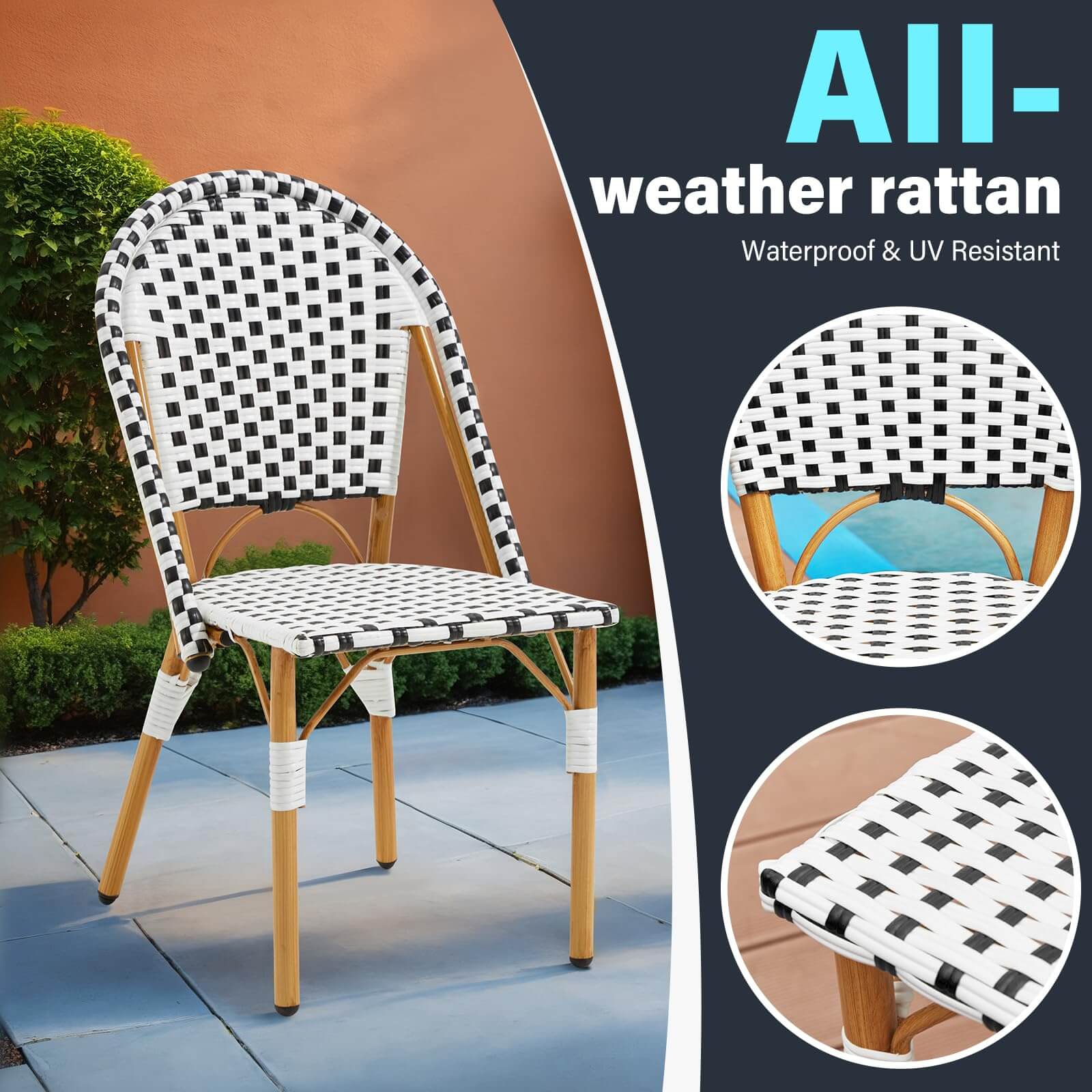 HOMREST Outdoor French Bistro Chair Set of 4, Wicker Patio Dining Chairs with Print Finish, Black&White