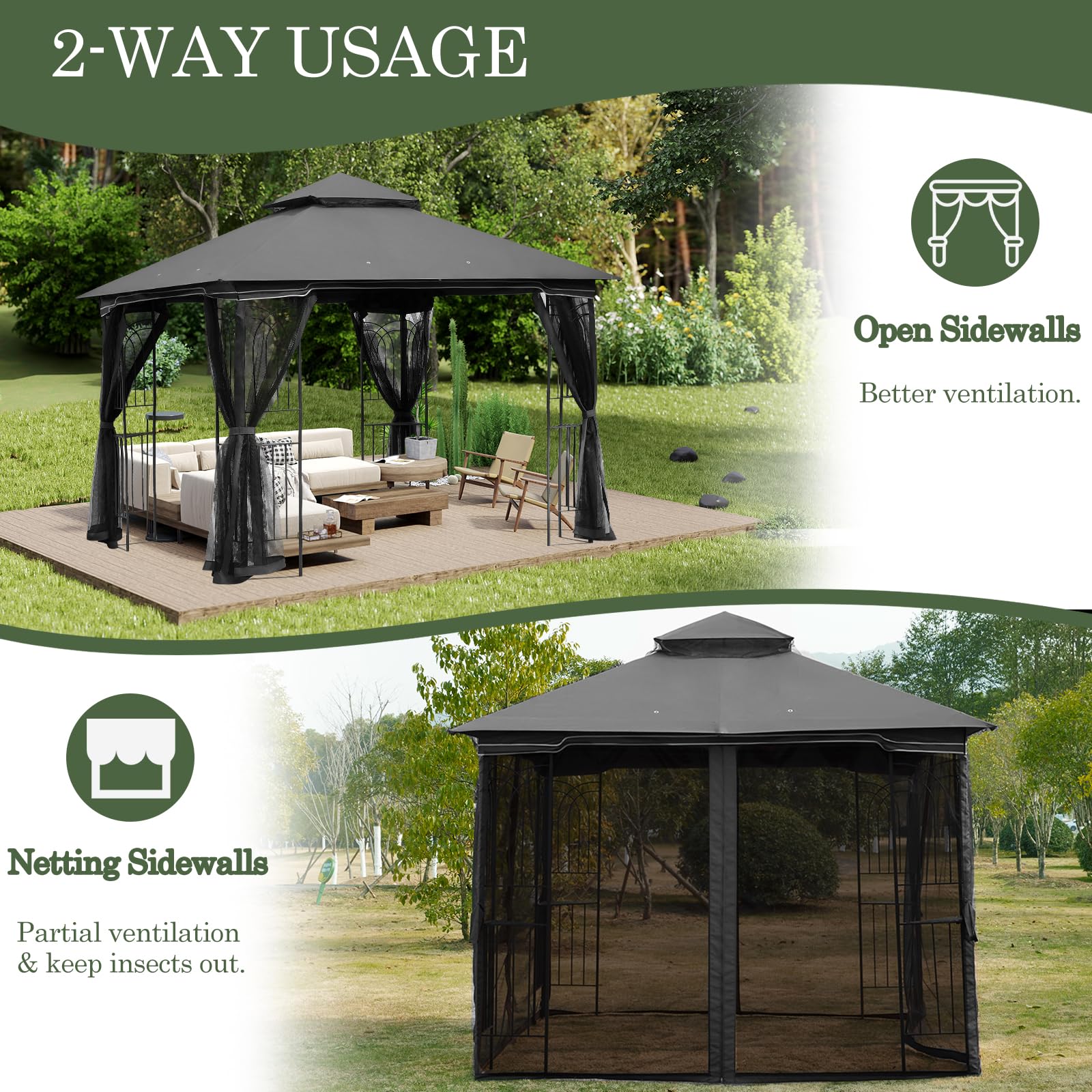 HOMREST Outdoor Gazebo 10'x10', Heavy Duty Canopy Tent with Soft Double Roofs & Metal Corner Frame Shelves, Party Tent Shelter with Mosquito Netting for Patio, Deck, Backyard, Gray