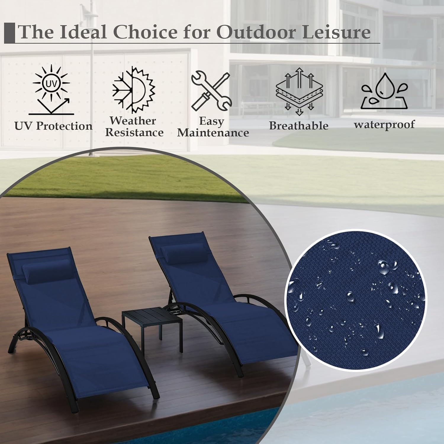 HOMREST 3-Piece Outdoor Chaise Lounge Set, Reclining Patio Chairs with Side Table, Navy Blue