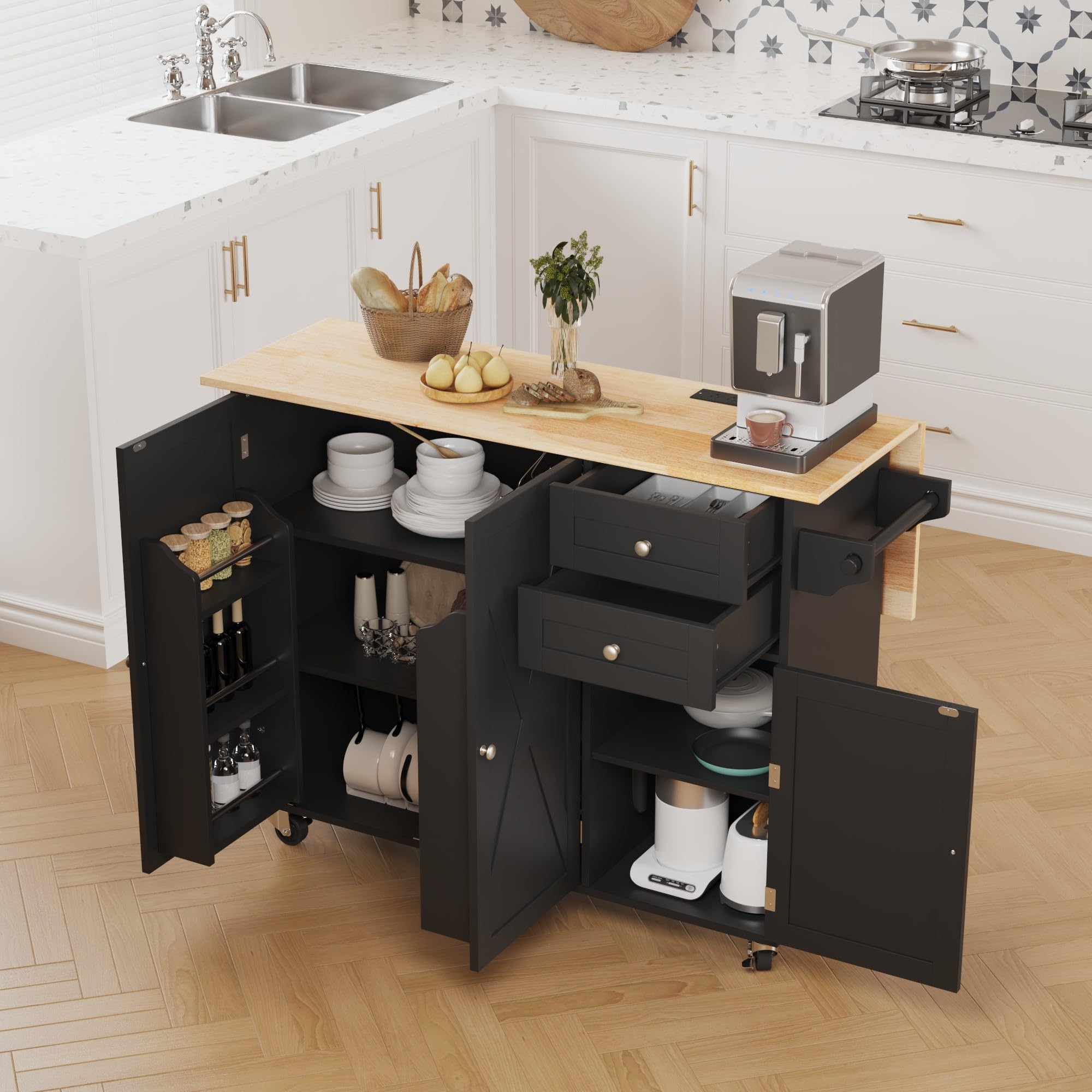 HOMREST 50.4" Kitchen Island with Drop Leaf & Power Outlet, Farmhouse Rolling Island Cart with 3 Spices Shelves on Wheels, Mobil Kitchen Island Table with Rubberwood Countertop Towel Rack, Black
