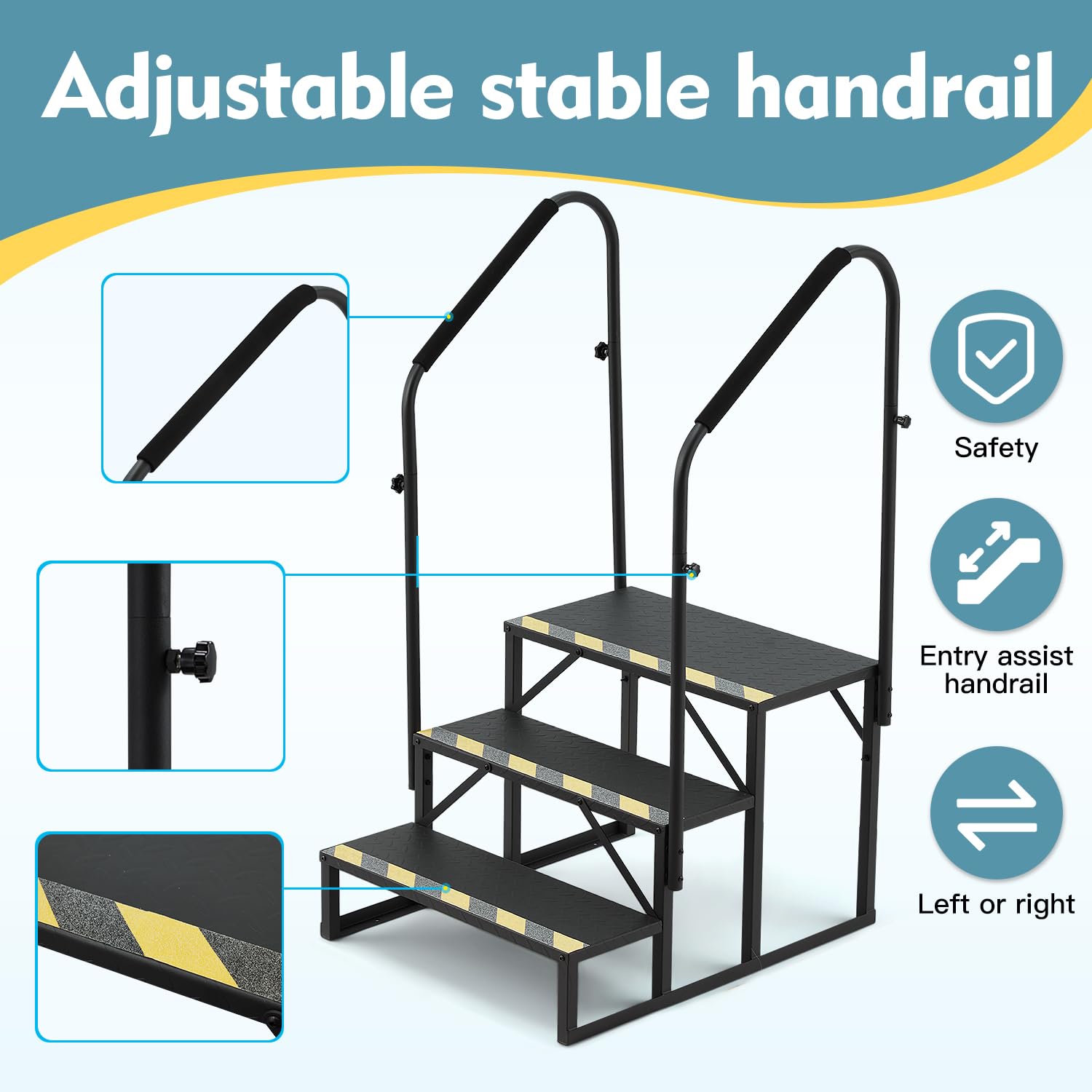HOMREST 3-Step RV Steps with Dual Handrails, 660 LBS Heavy-Duty RV Stairs with Armrest Covers, Anti-Slip Hot Tub and Mobile Home Steps with Non-Skid Tapes