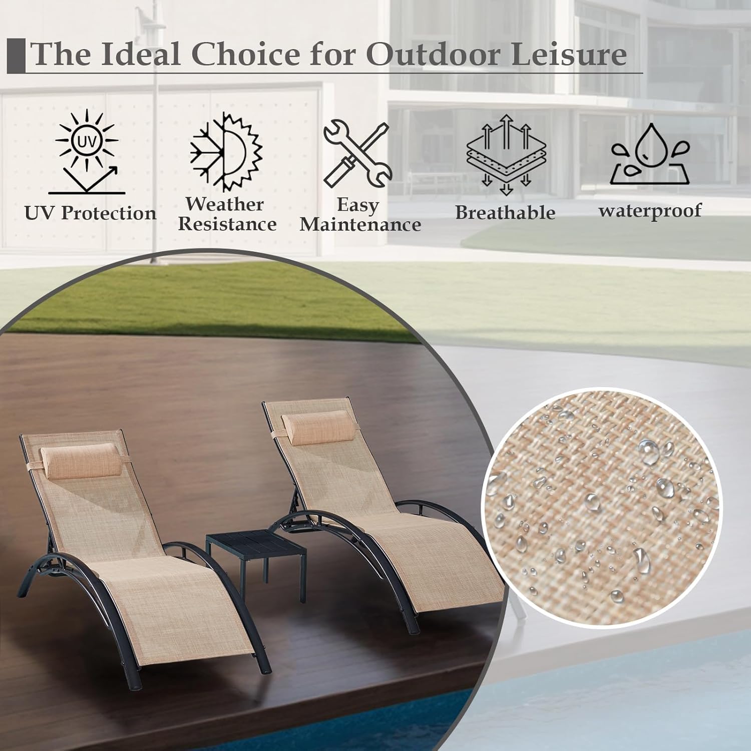 HOMREST 3-Piece Outdoor Chaise Lounge Set, Reclining Patio Chairs with Side Table, Khaki