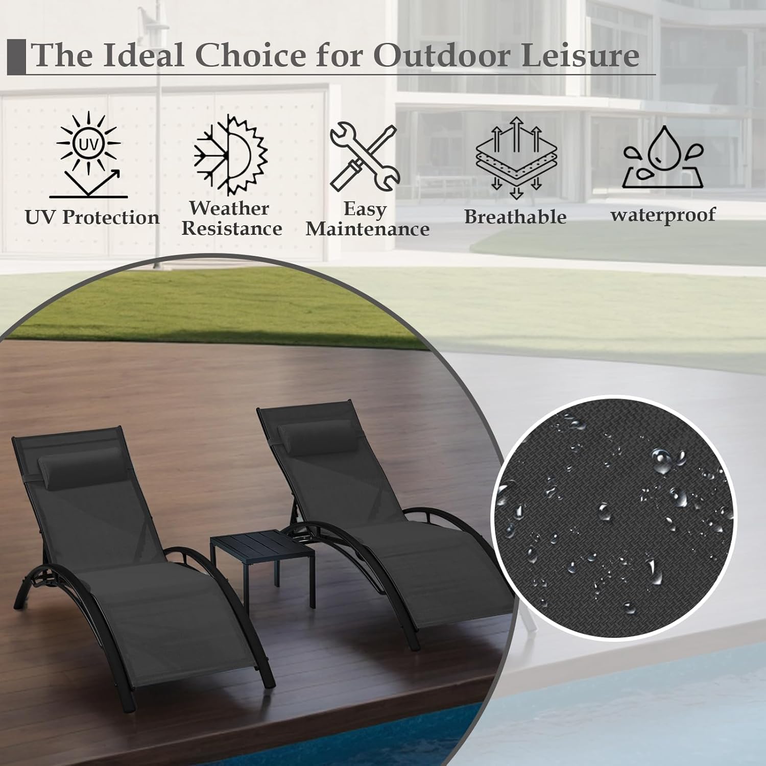 HOMREST 3-Piece Outdoor Chaise Lounge Set, Reclining Patio Chairs with Side Table, Black