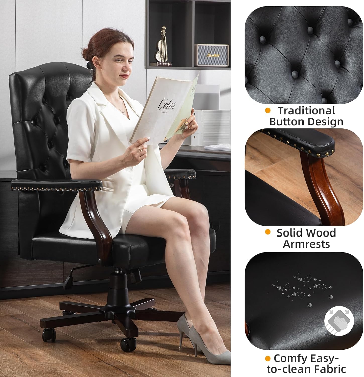 Homrest Executive Wingback Office Chair – Vintage Faux Leather, High-Back Swivel Design – Black