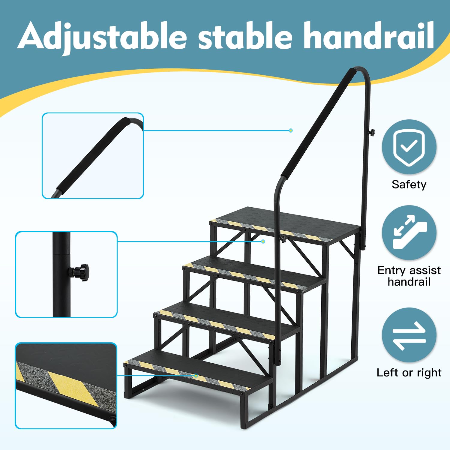 HOMREST 4-Step RV Steps with Dual Handrails, 660 LBS Heavy-Duty RV Stairs with Armrest Covers, Anti-Slip Hot Tub and Mobile Home Steps with Non-Skid Tapes
