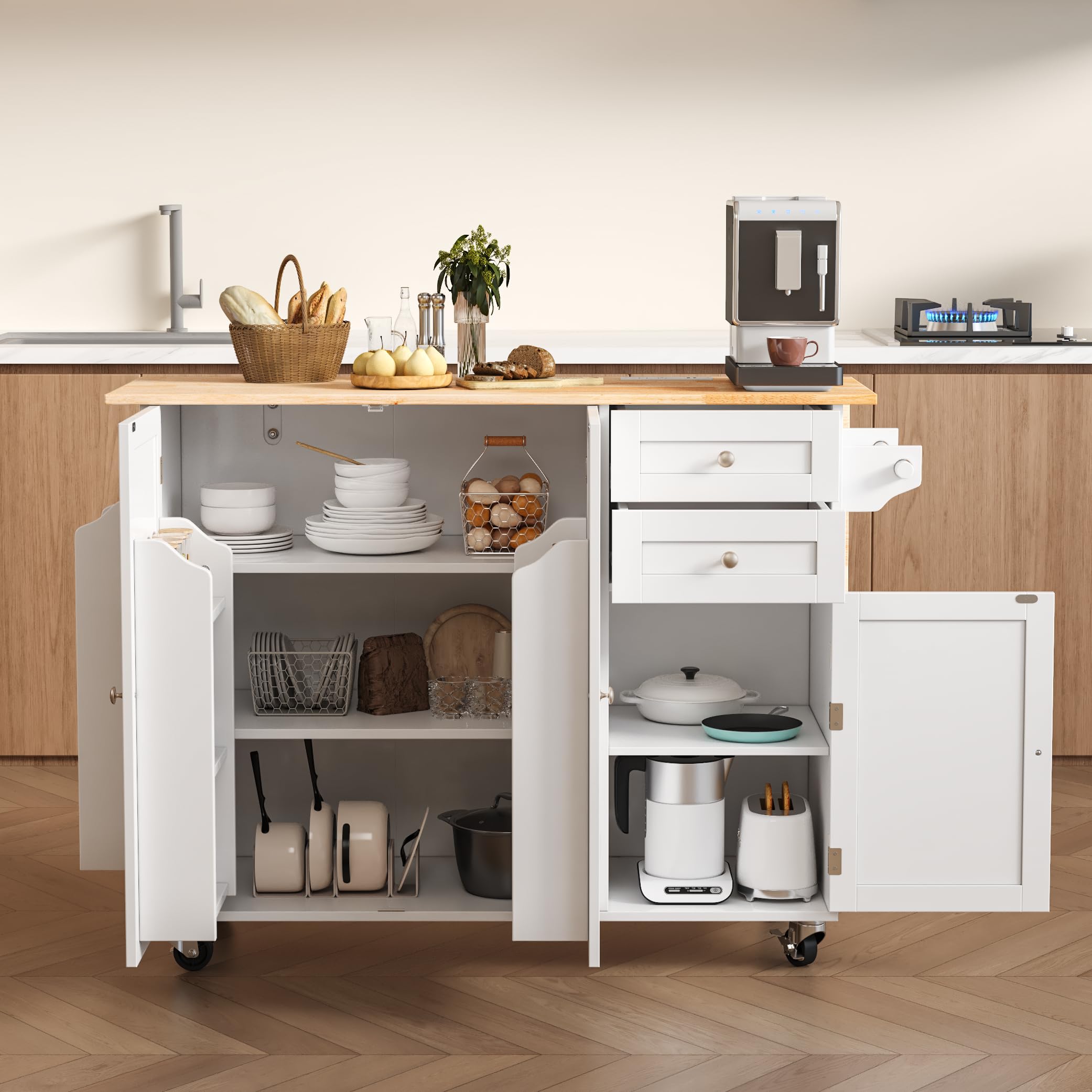 HOMREST 50.4" Kitchen Island with Drop Leaf & Power Outlet, Farmhouse Rolling Island Cart with 3 Spices Shelves on Wheels, Mobil Kitchen Island Table with Rubberwood Countertop Towel Rack, White