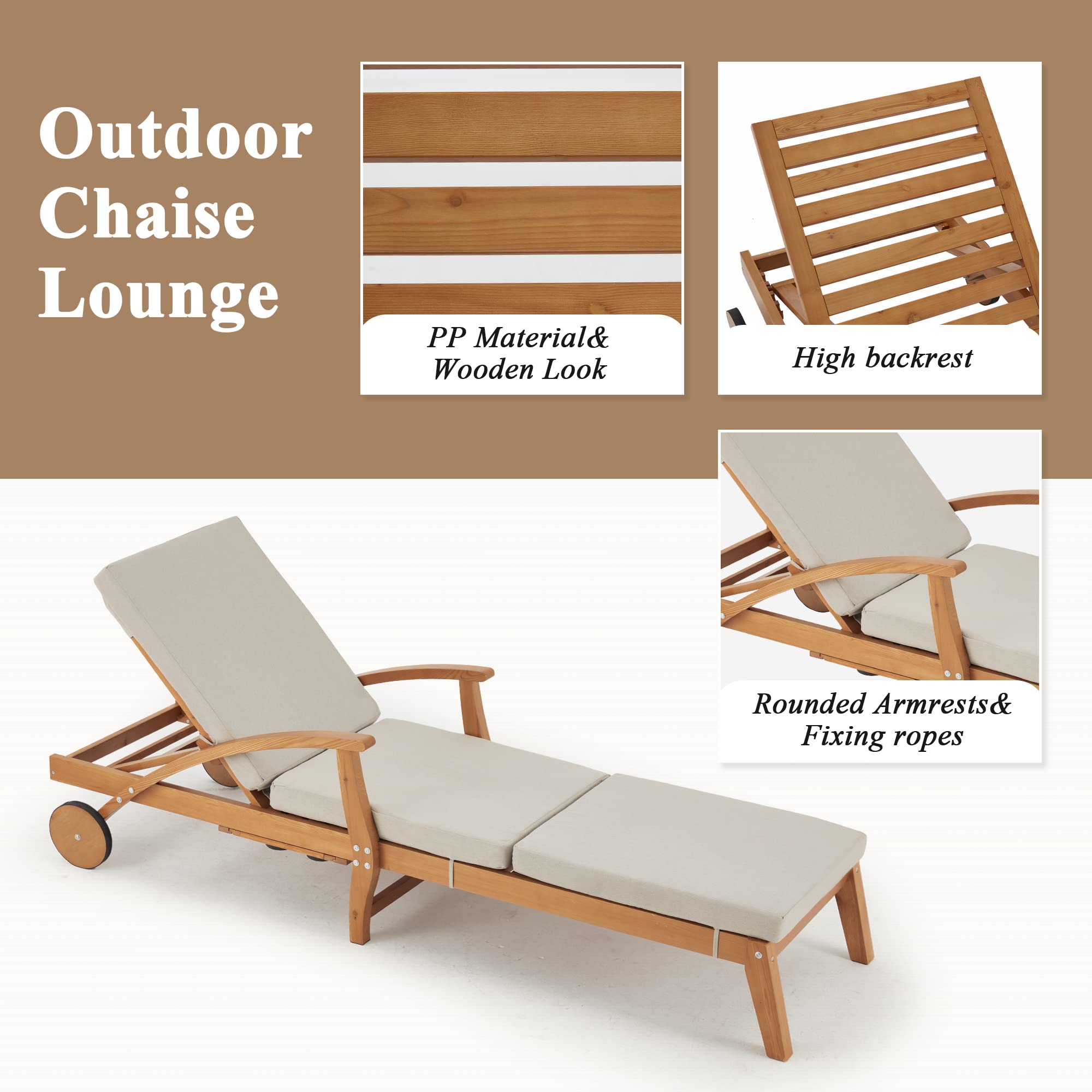 Outdoor Wood Chaise Lounge Chair Set of 2, with Slide-Out Tray, Adjustable Backrest, Moving Wheels and Breathable Fabric
