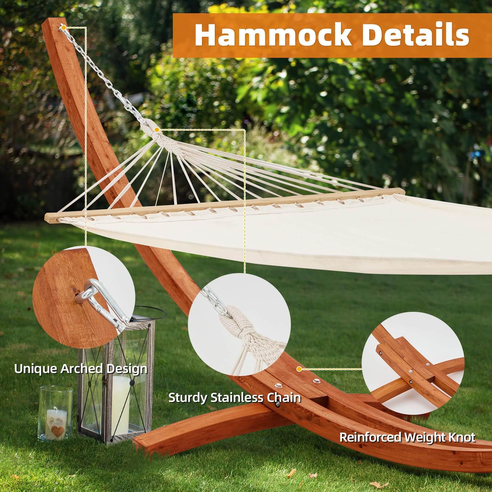 HOMREST 13 FT Hammock with Stand for Outside, 2 Person Heavy Duty Wooden Hammock Stand, White-Yellow