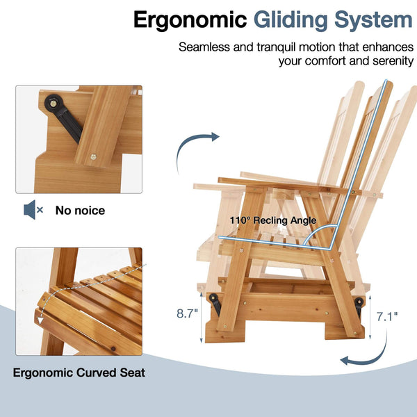 Wooden Patio Glider Chair with Cup Holders Heavy Duty 700lbs, Outdoor Rocking Chair with Ergonomic Deep Contoured Seat and High Back