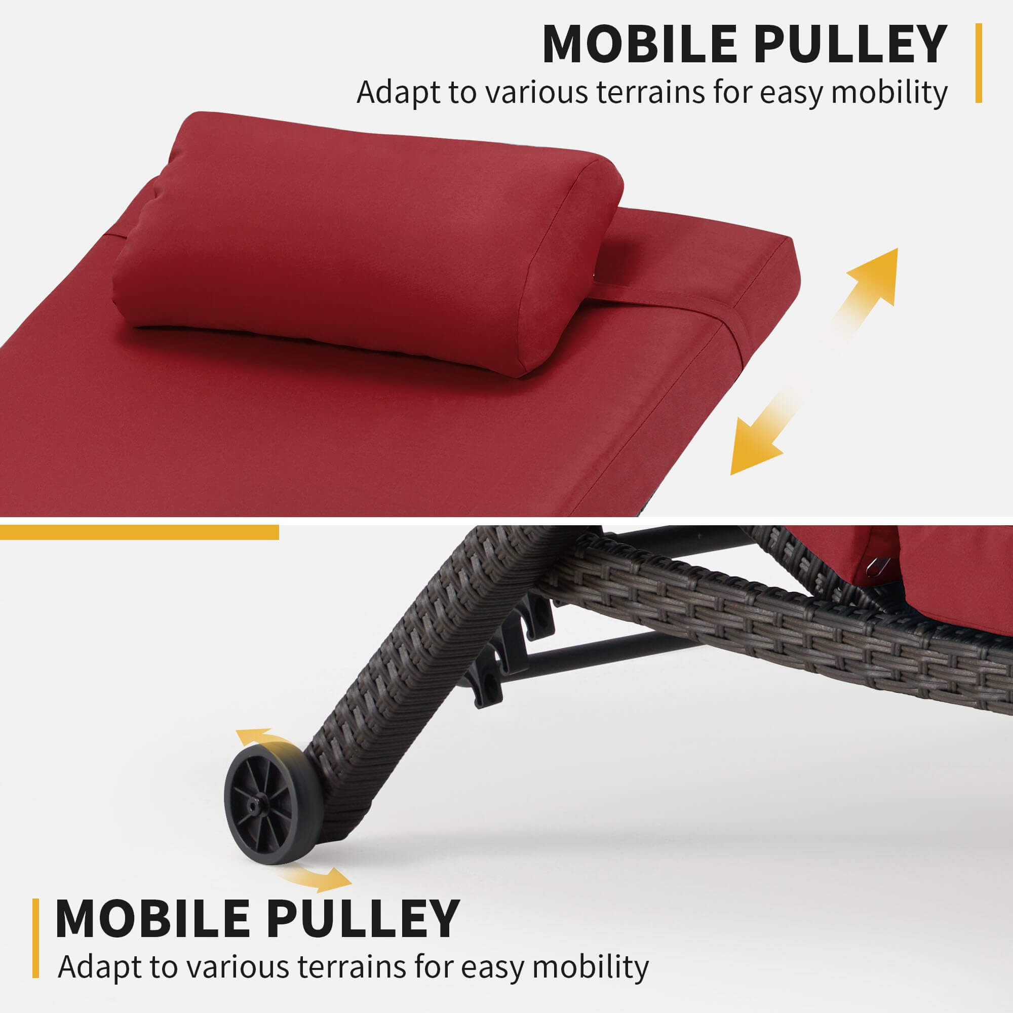 Homrest Chaise Lounge Chairs Set of 2 for Outside,  PE Rattan Wicker Lounge Chair, Wine Red