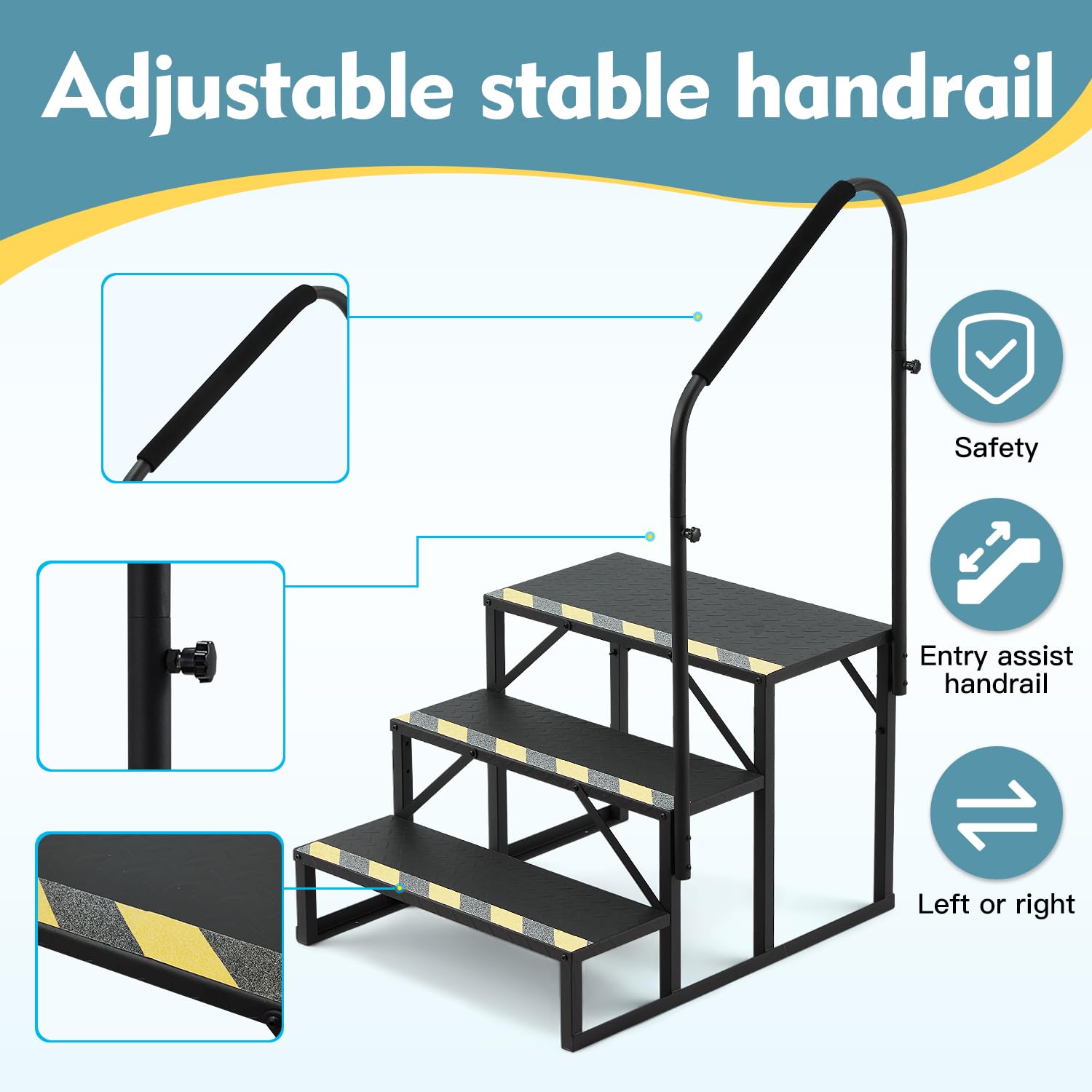 HOMREST 3-Step RV Steps with Handrail, 660 LBS Metal RV Stairs with Armrest Cover, Anti-Slip Hot Tub Steps, Mobile Home Steps with Non-Skid Tapes