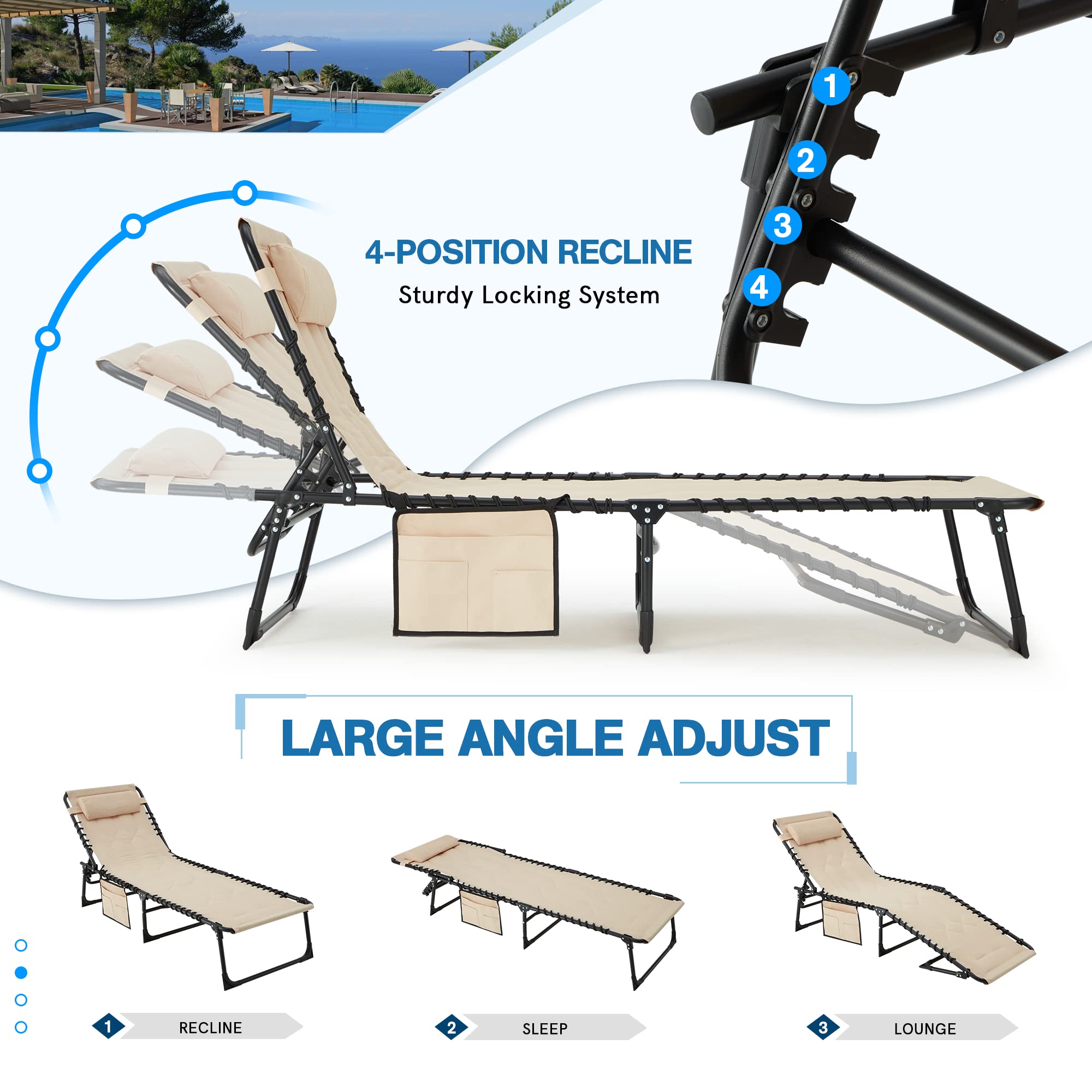 Patio Chaise Lounge Chair, Folding Recliner Adjustable Lounge Chair with Detachable Pocket and Pillow, Lightweight Pool Lounge Chairs for Outdoor Beach Lawn and Sunbathing（Khaki）