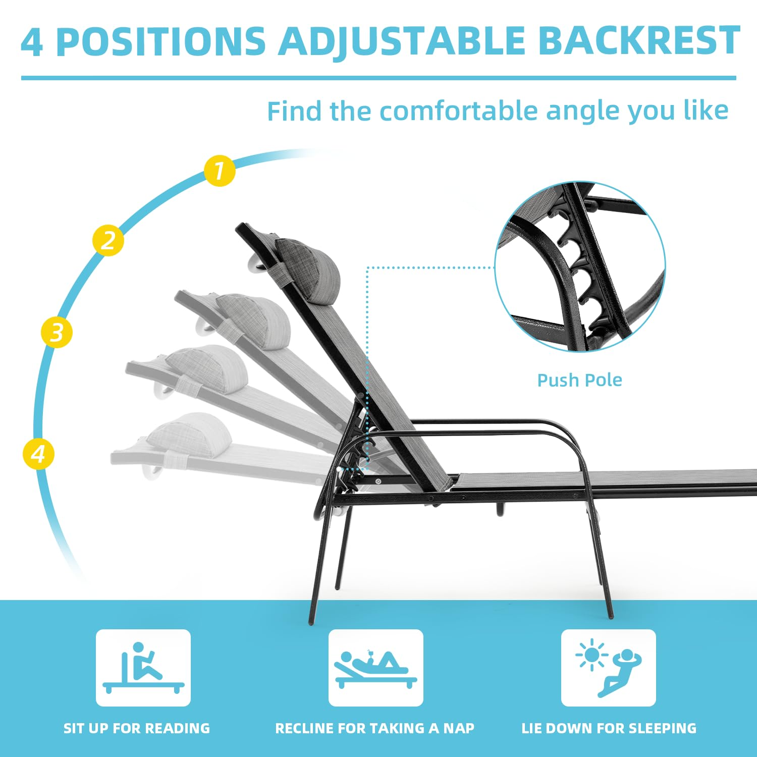 HOMREST Patio Chaise Lounges Set of 2 with Adjustable Backrest, Gray