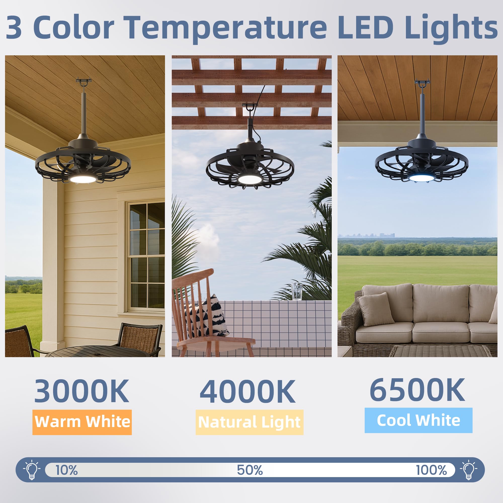 HOMREST 20" Outdoor Ceiling Fan with Light，IP65 Waterproof Plug in Ceiling Fan with Remote and 2 Downrods, Gazebo Caged Hanging Fan with 3 Color LED Light for Porch, Pergola, Canopy, Black