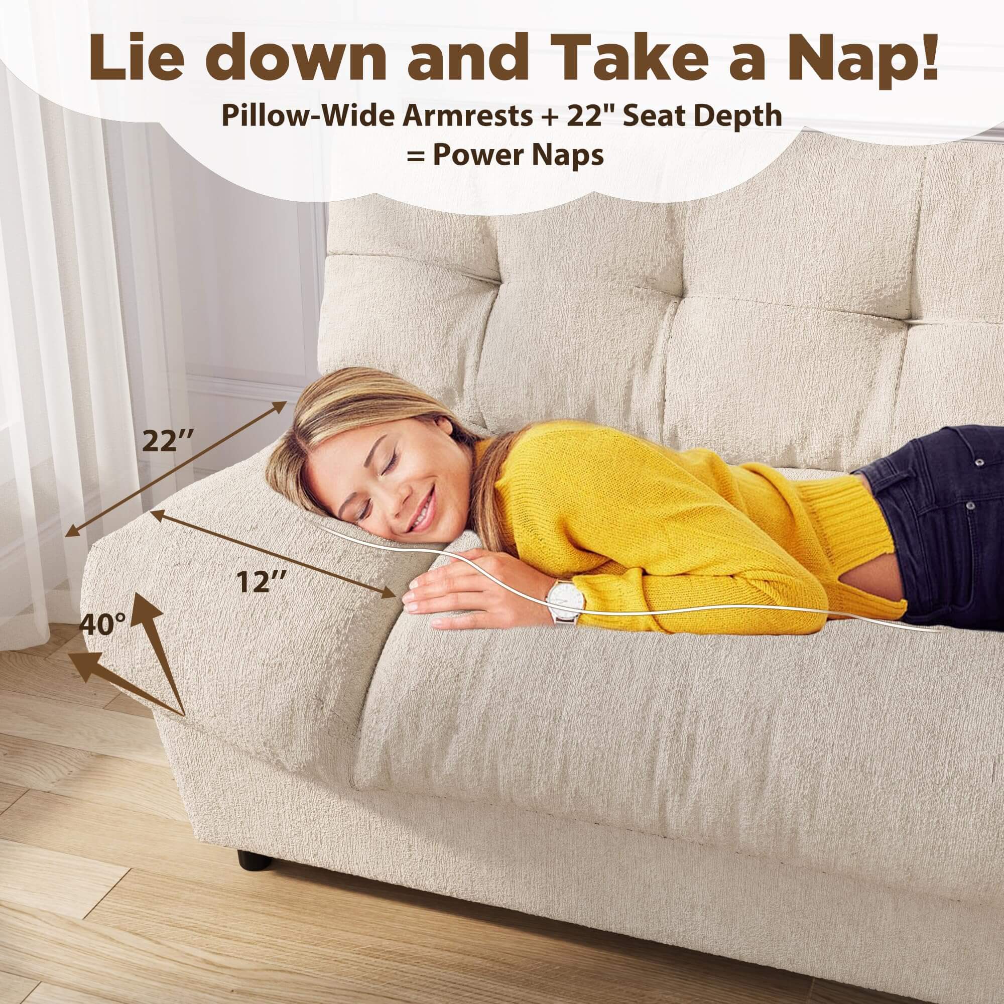 HOMREST 80 Inch Chenille Cloud Sofa Loveseat, Deep Seat Couch with Pillow Armrests, Beige White