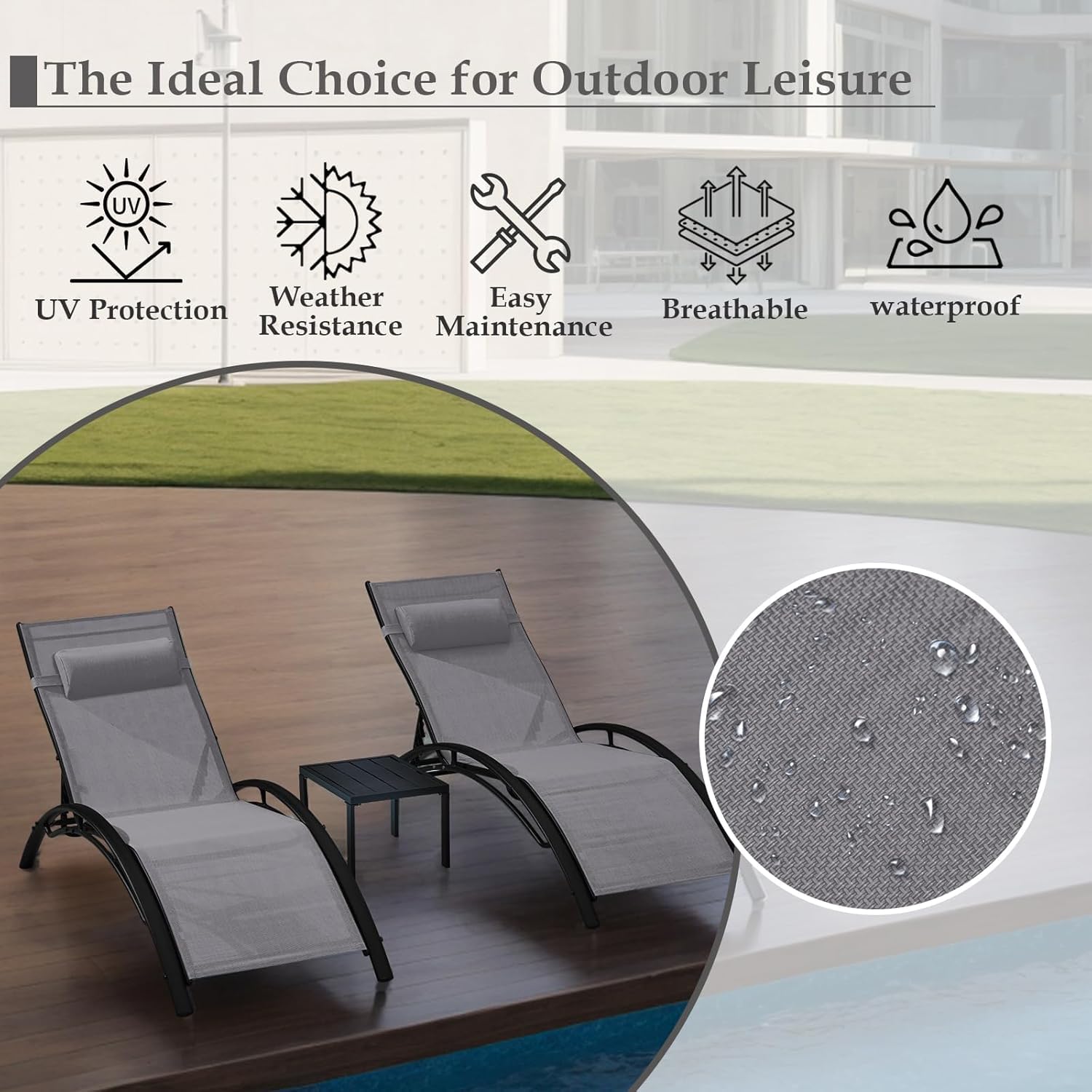 HOMREST 3-Piece Outdoor Chaise Lounge Set, Reclining Patio Chairs with Side Table, Gray