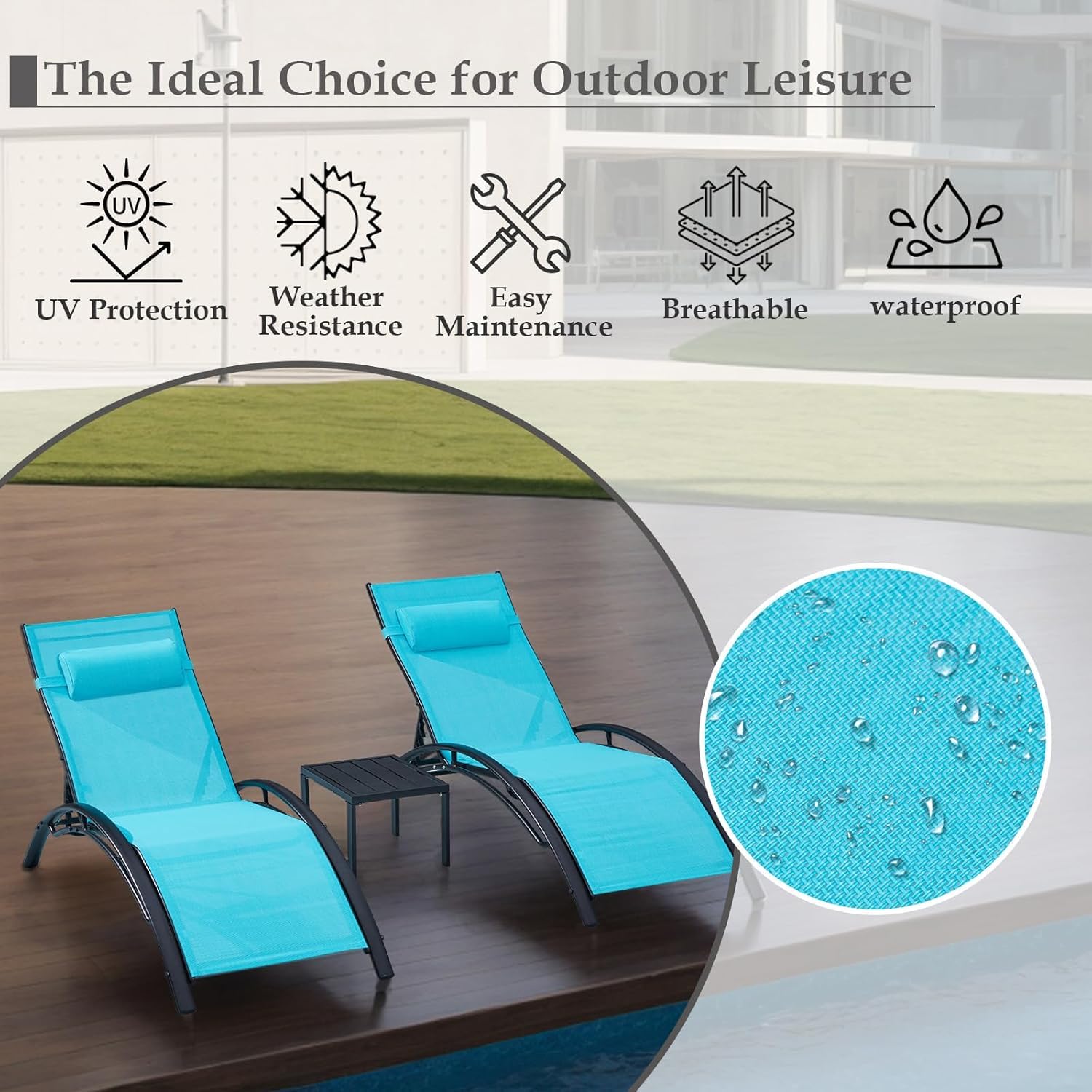 HOMREST 3-Piece Outdoor Chaise Lounge Set, Reclining Patio Chairs with Side Table, Blue