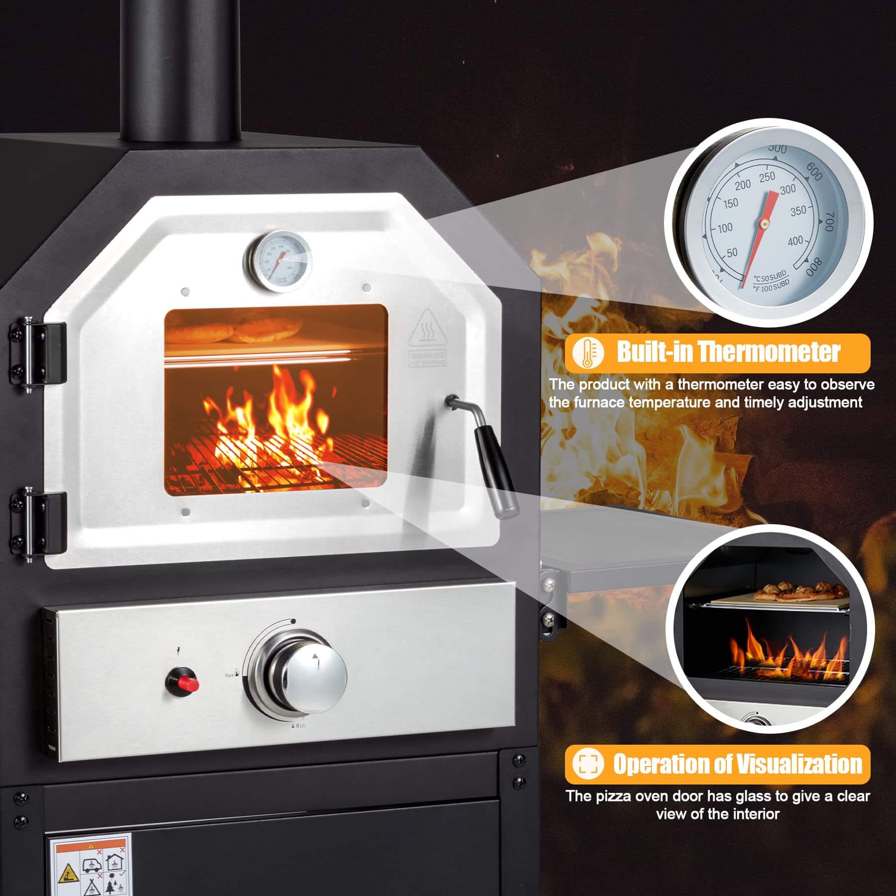 Homrest Freestanding Outdoor 12" Gas Pizza Oven with 2 Foldable Shelves and Wheels
