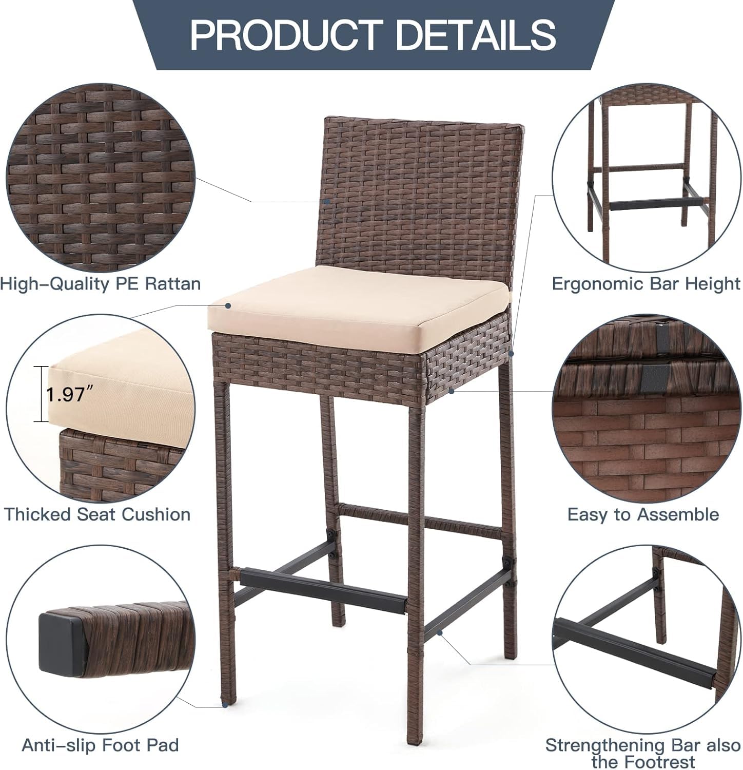 HOMREST Rattan Bar Stools Set of 4, Wicker Woven Patio Stools & Patio Bar Chairs with Seat Cushion and Cozy Footrest, Outdoor Furniture Armless Counter Height, Brown