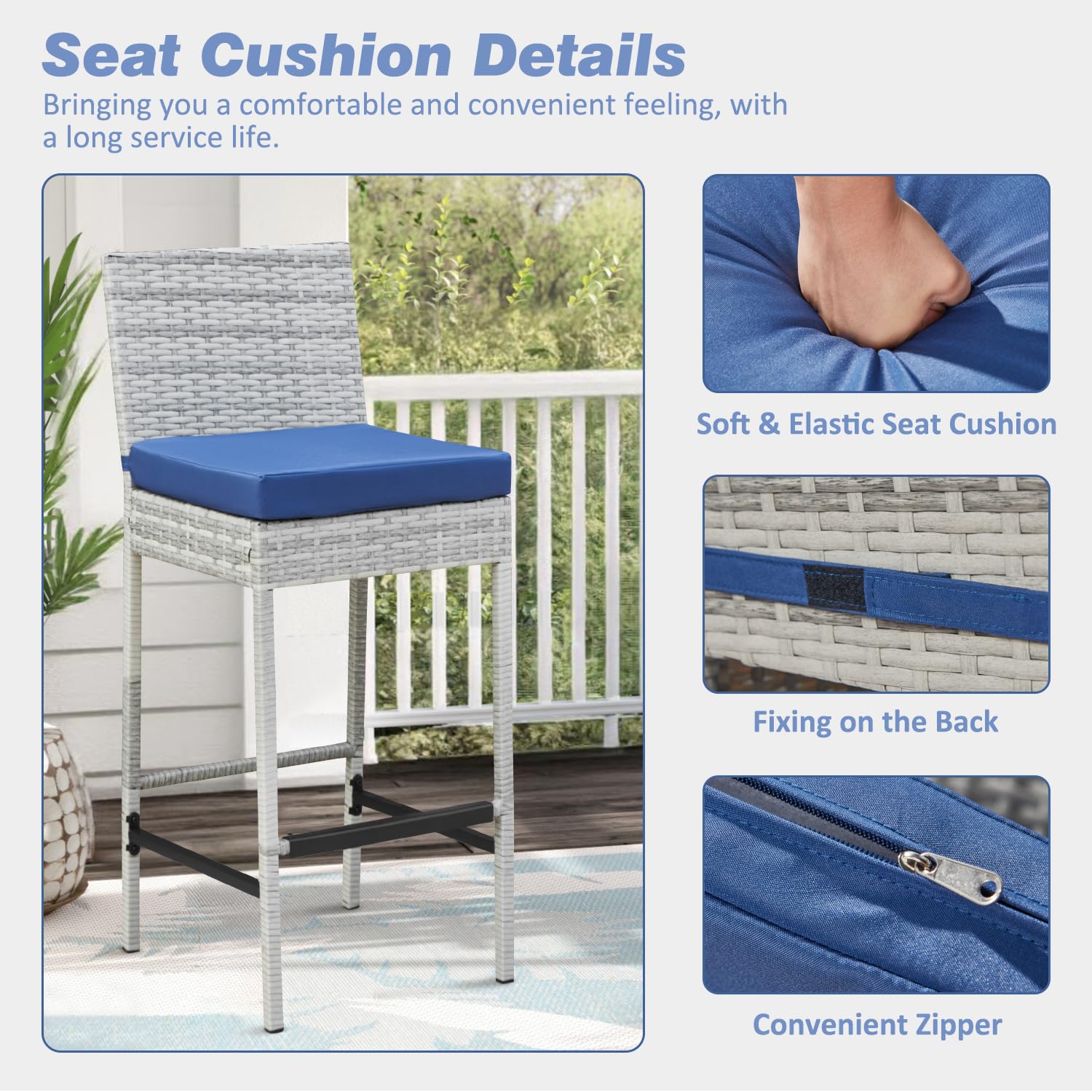 HOMREST Rattan Bar Stools Set of 4, Wicker Woven Patio Stools & Patio Bar Chairs with Seat Cushion and Cozy Footrest, Outdoor Furniture Armless Counter Height, Gray/Blue