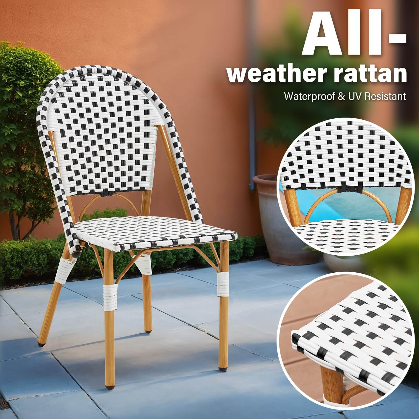 HOMREST Outdoor French Bistro Chair Set of 2, Wicker Patio Dining Chairs with Print Finish, Black&White