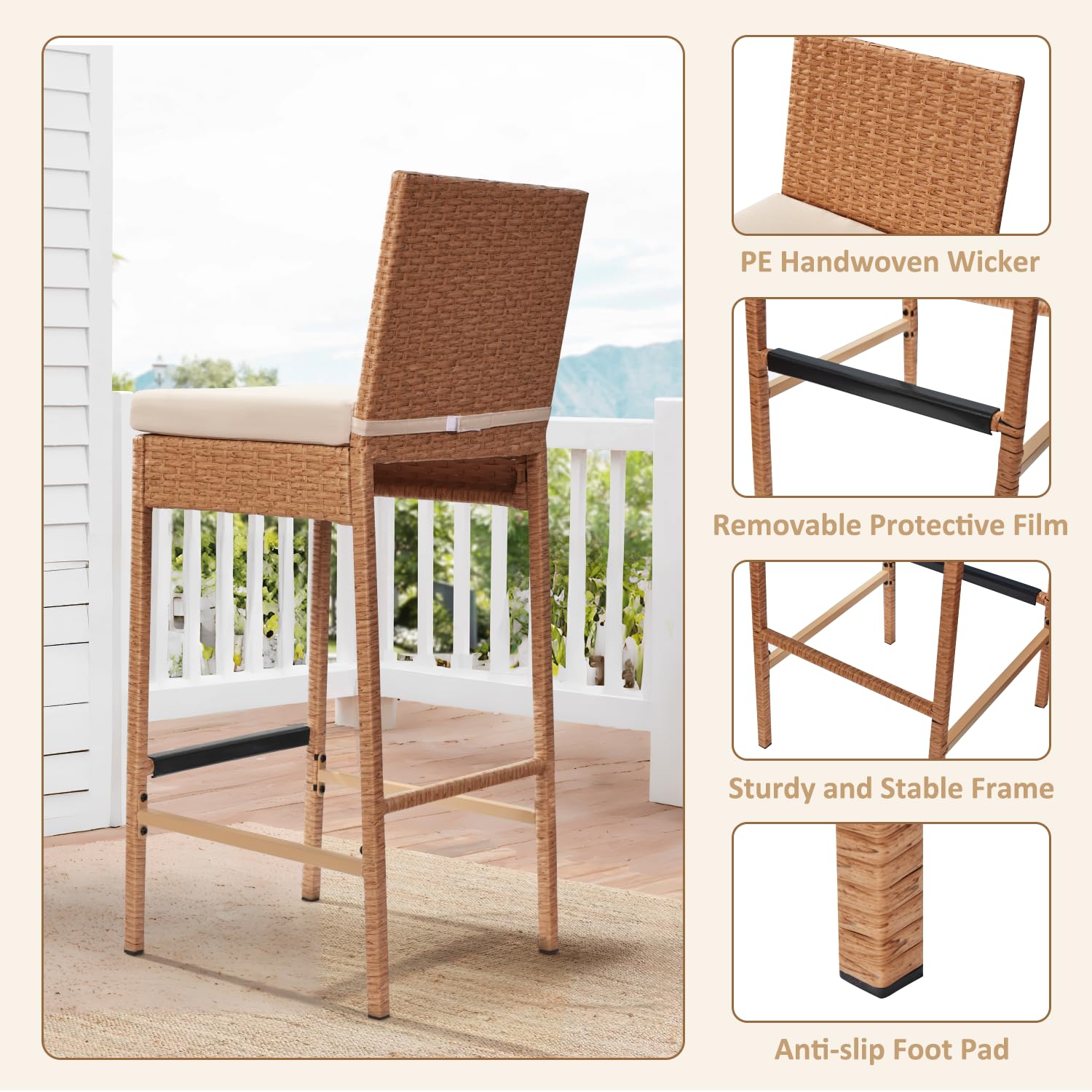 HOMREST Rattan Bar Stools Set of 4, Wicker Woven Patio Stools & Patio Bar Chairs with Seat Cushion and Cozy Footrest, Outdoor Furniture Armless Counter Height, Yellow