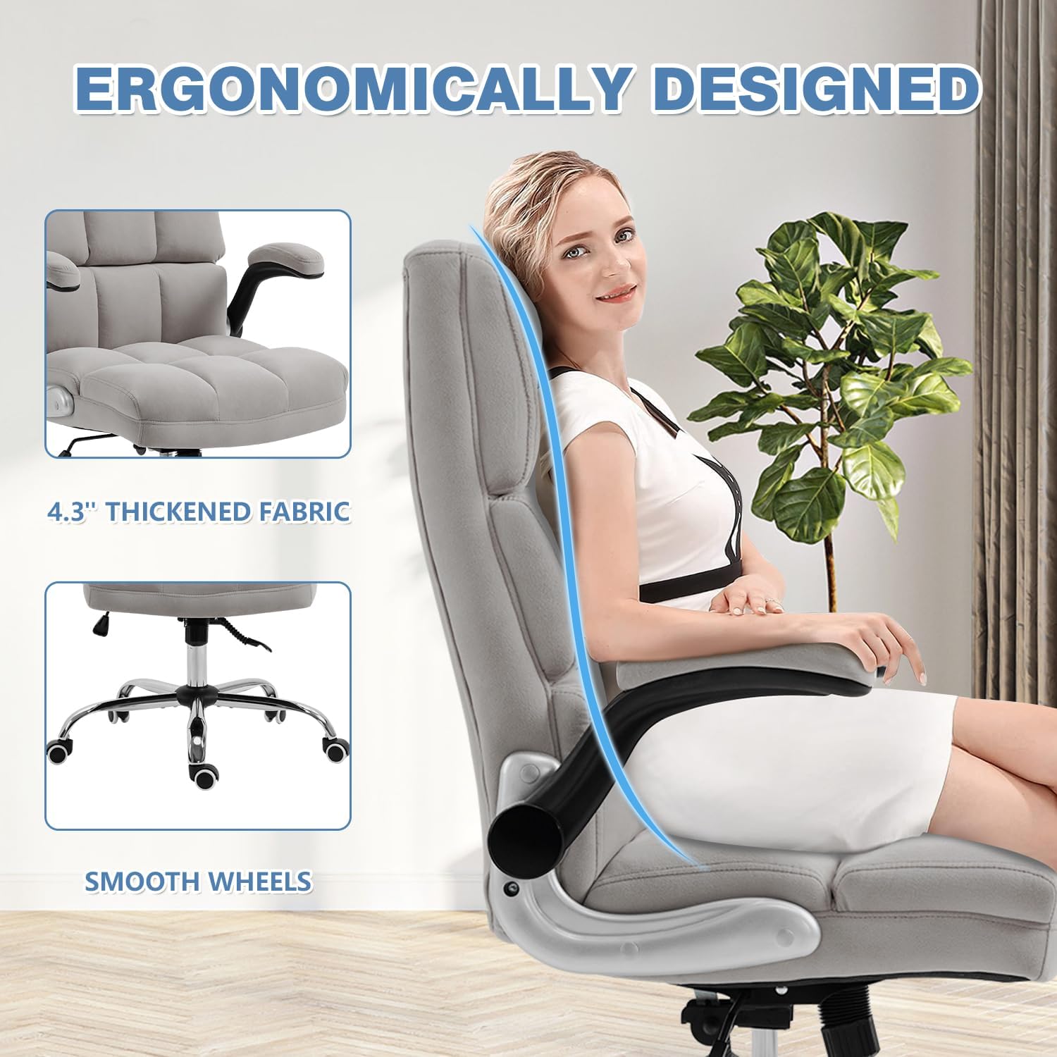 Homrest Ergonomic Flannel Desk Chair with Flip-Up Arms - Grey