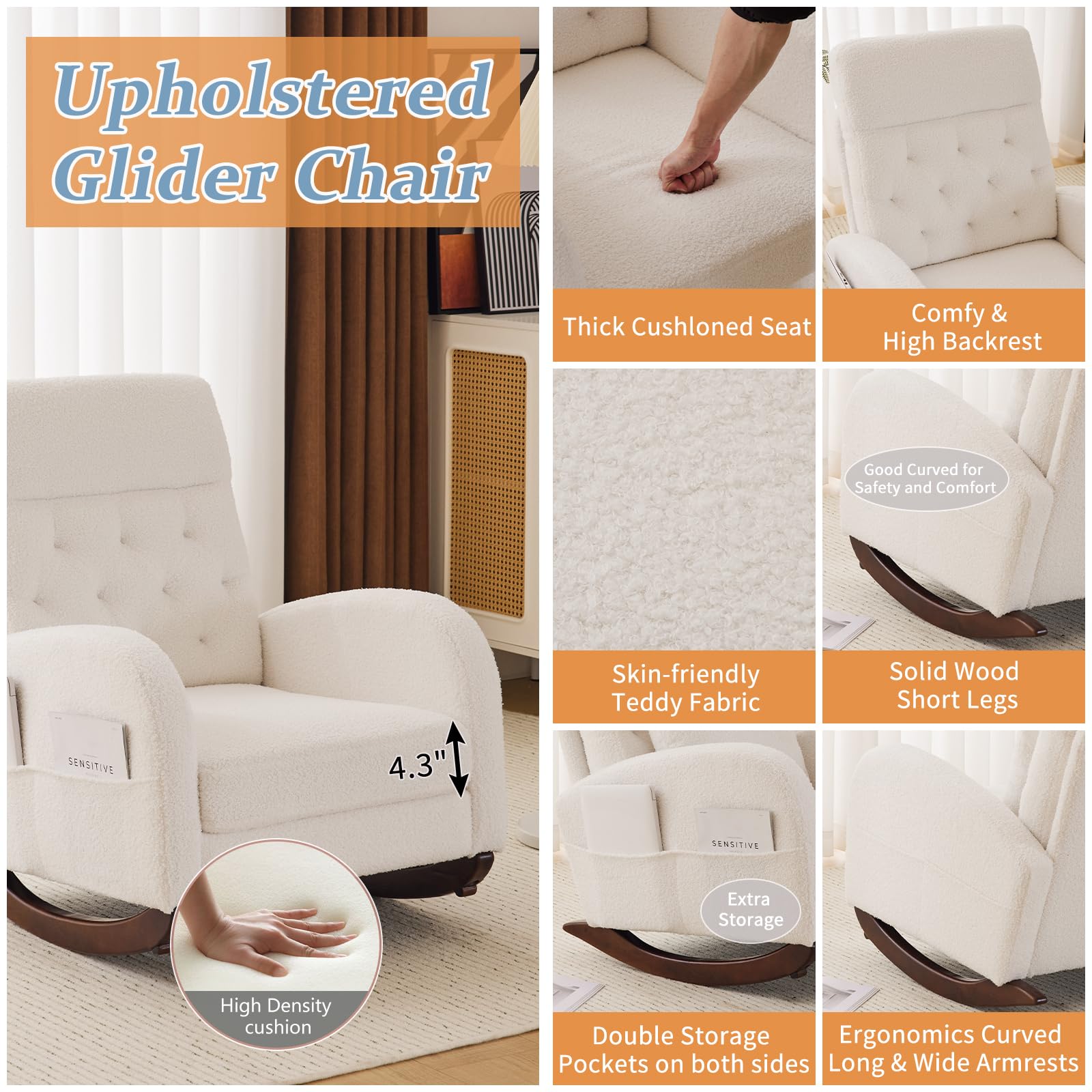 Homrest Teddy Fleece Low Seat Rocking Chair with Blanket & Lumber Pillow, Nursery Glider Chair with Side Pockets