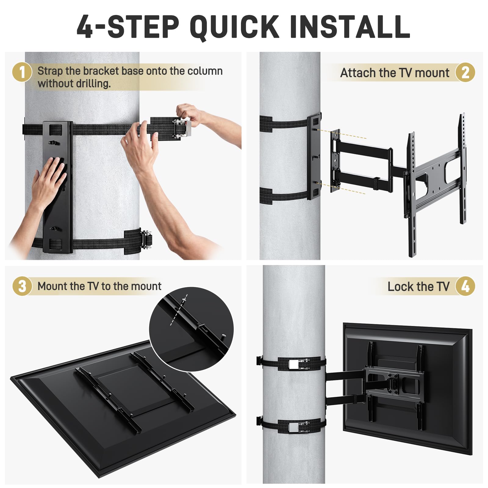 HOMREST Outdoor Gazebo TV Mount No Drill for Post, Full Motion Pergola TV Mount, Adjustable Weatherproof TV Bracket, Fits 27-65 Inch TVs, Holds 77 lbs