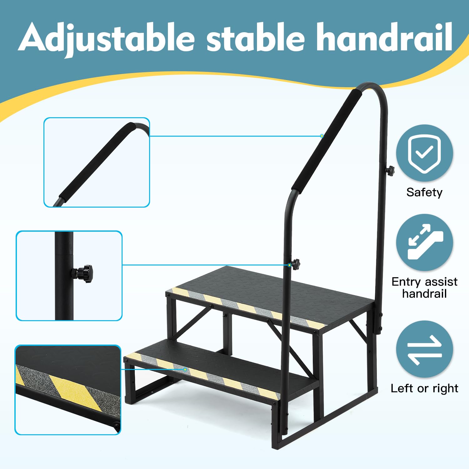 HOMREST 2-Step RV Stairs with Handrail, 660 LBS Metal Steps with Armrest Cover, Anti-Slip Hot Tub & Mobile Home Steps with Non-Skid Tape