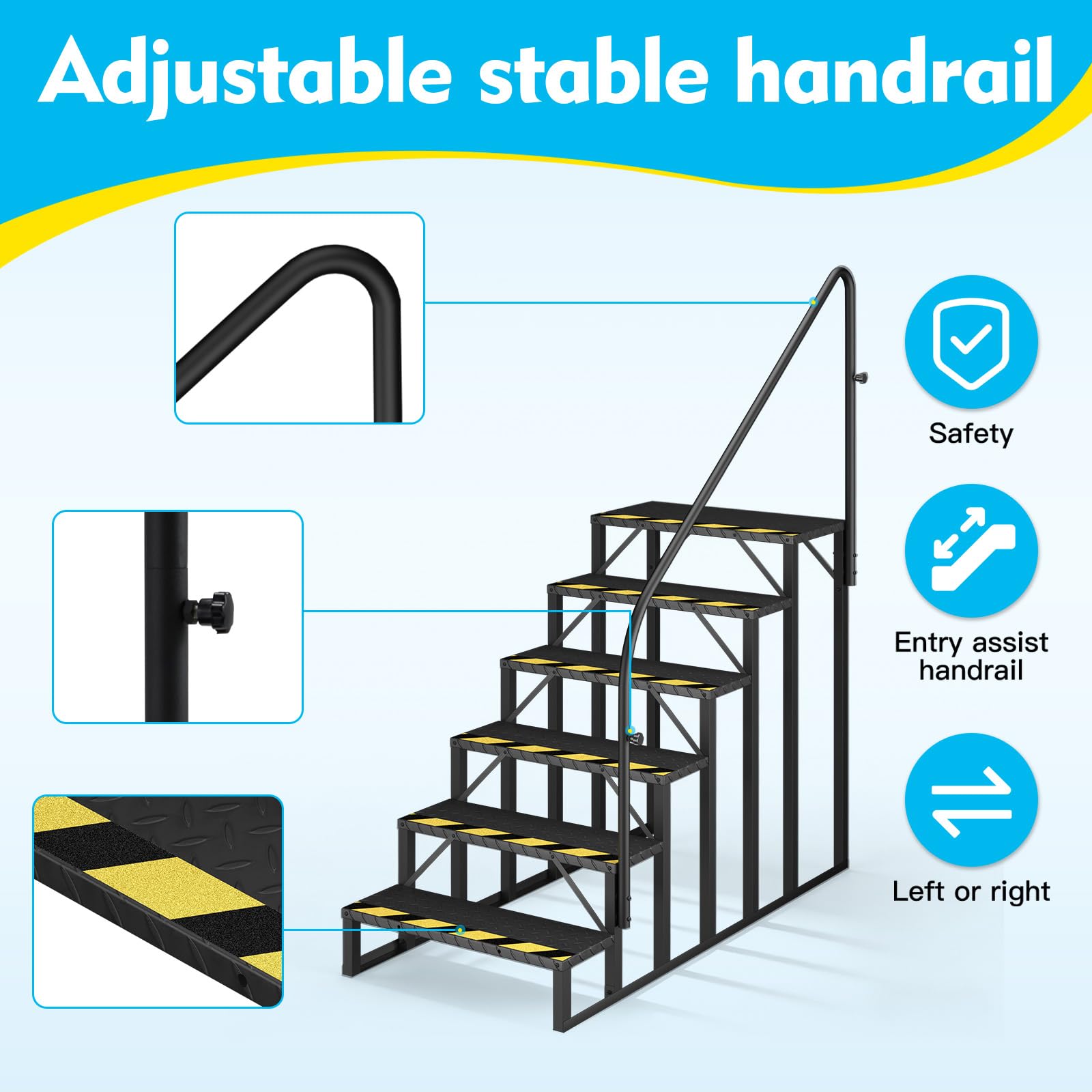 HOMREST 6-Step RV Steps with Handrail, 660LBS Capacity, Metal Mobile Home Stairs with Armrest, Anti-Slip Hot Tub & Camper Steps, Non-Skid Treads