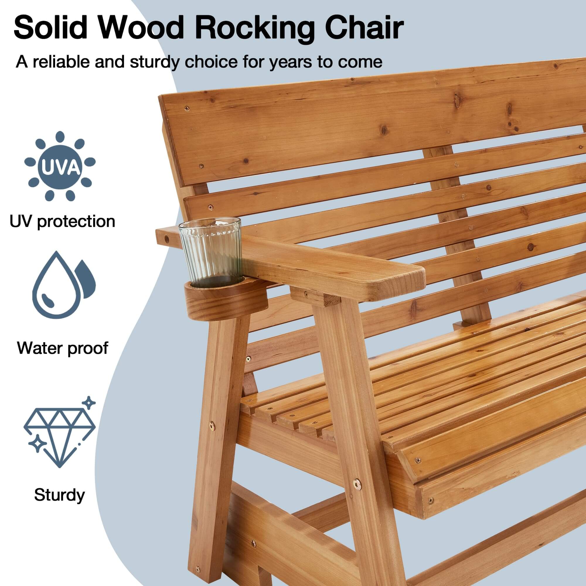 Homrest Wooden Patio Glider Bench with Cup Holders Heavy Duty 900lbs