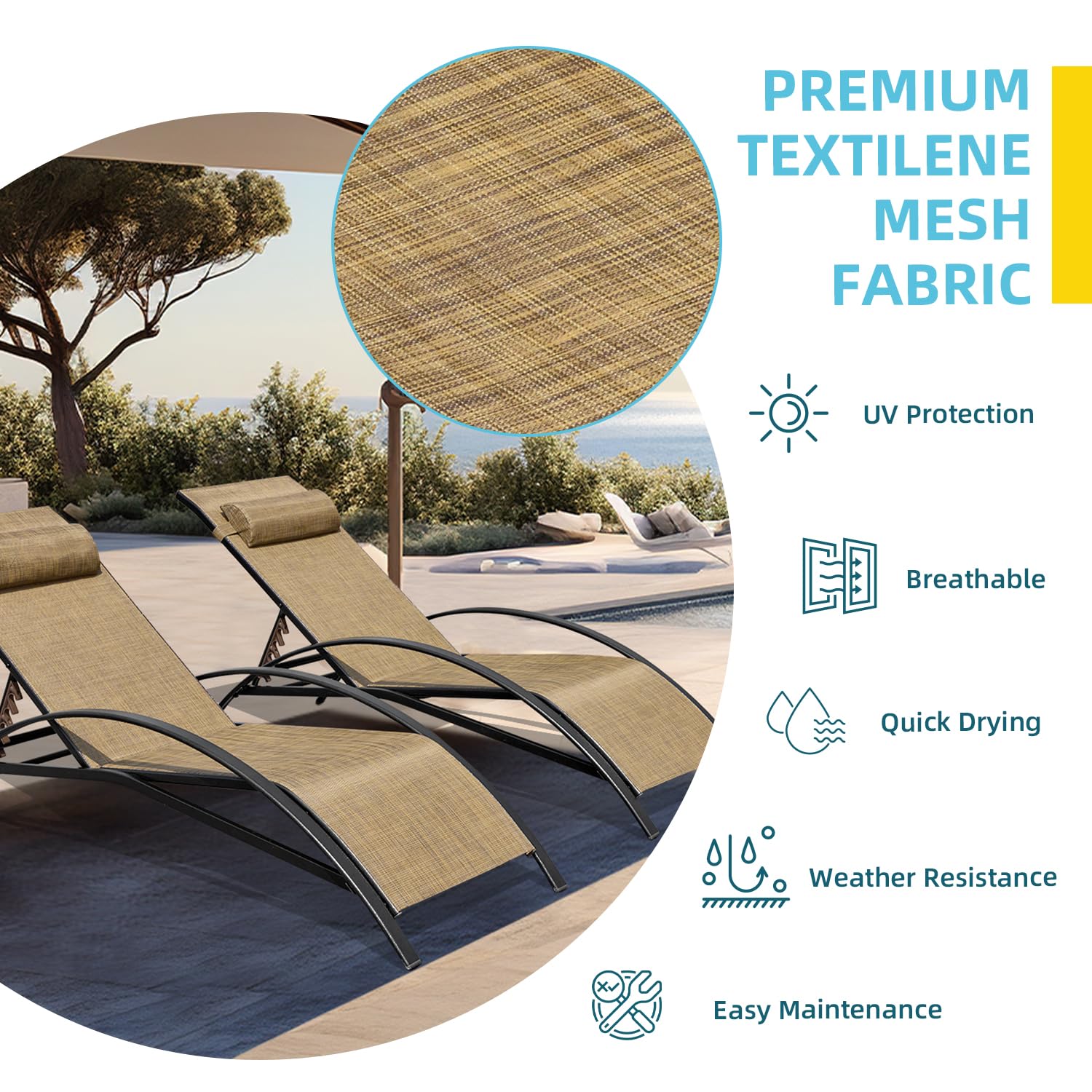 HOMREST Set of 2 Textilene Outdoor Lounge Chairs with Adjustable Backrest, Brown