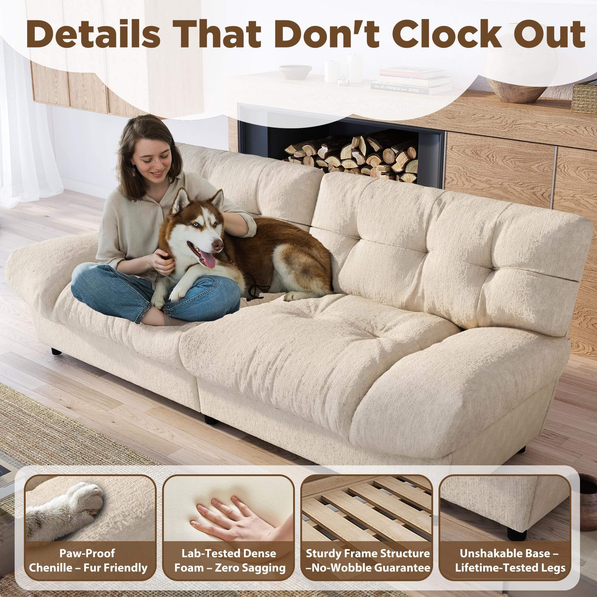 HOMREST 80 Inch Chenille Cloud Sofa Loveseat, Deep Seat Couch with Pillow Armrests, Beige White