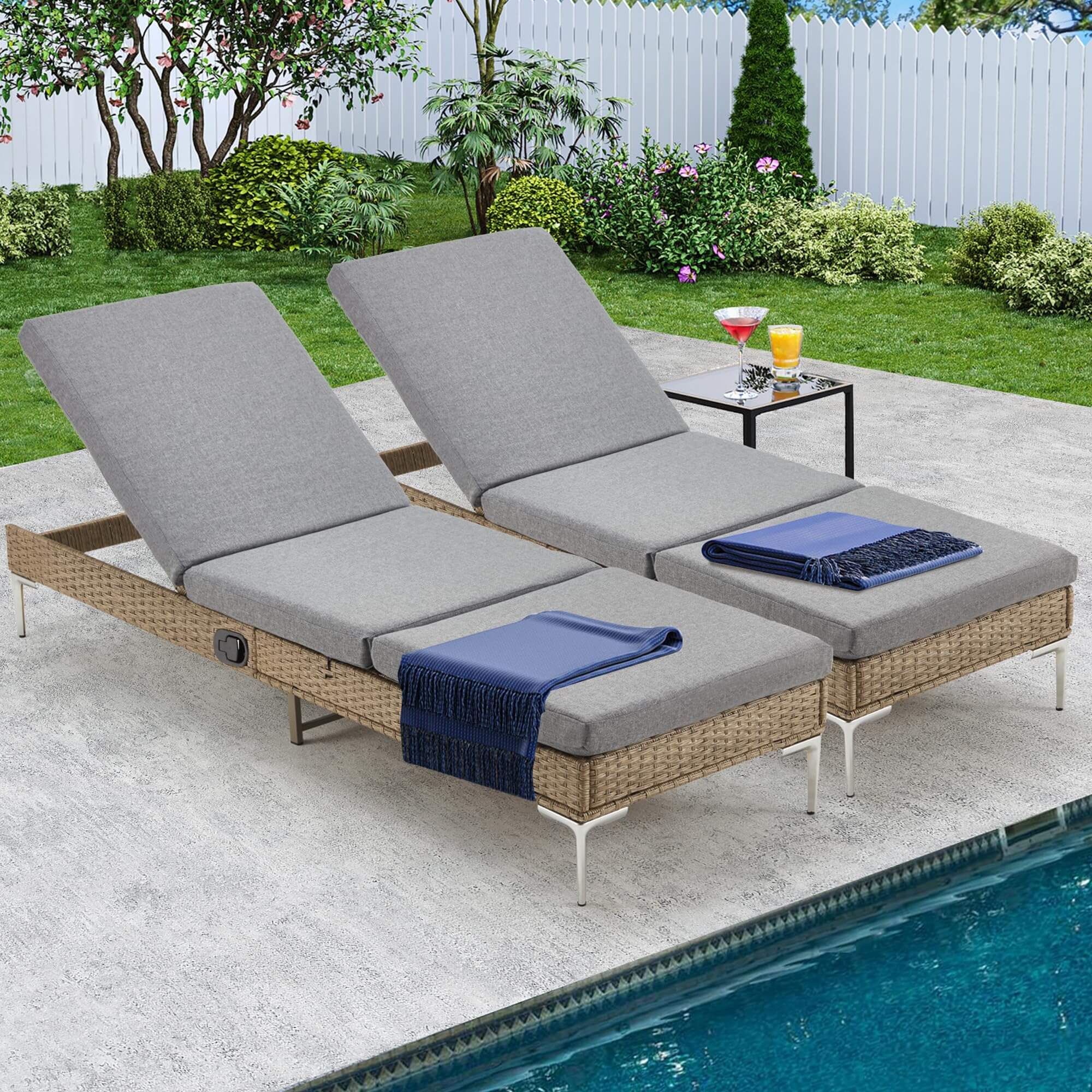 Homrest 2PCS Patio Rattan Chaise Lounge Chair, Outdoor Wicker Recliner, Gray